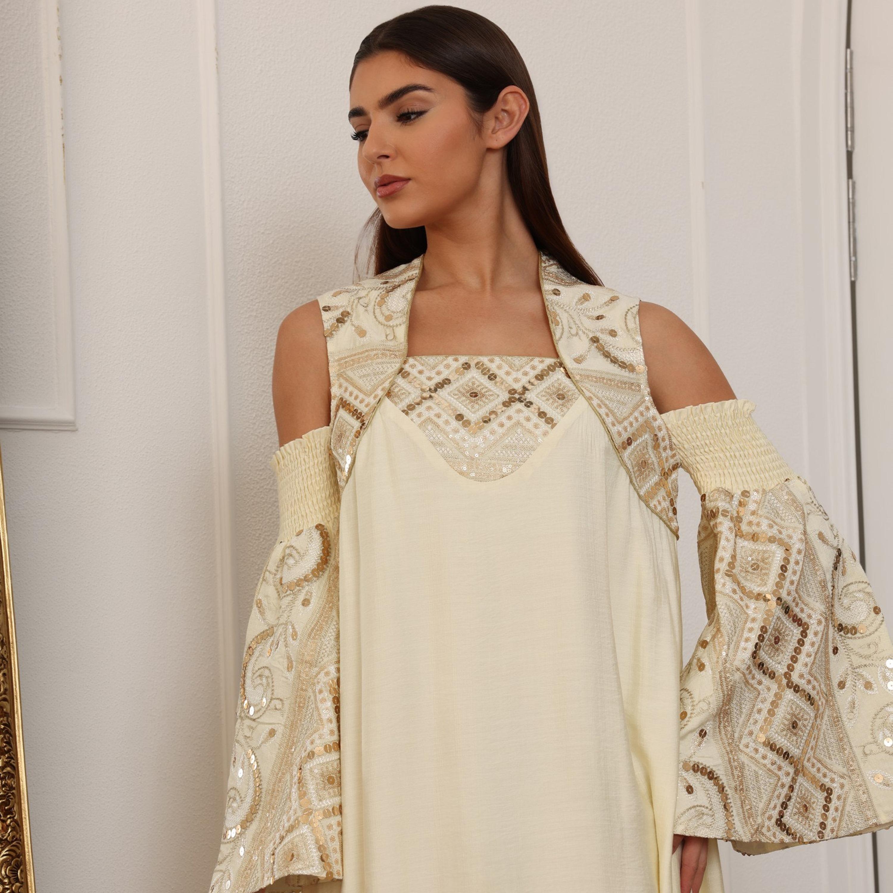 IKKXA Cold Shoulder Flared Sleeves Sequins Women's Evening Jalabiya-women-clothing-dresses-image-2