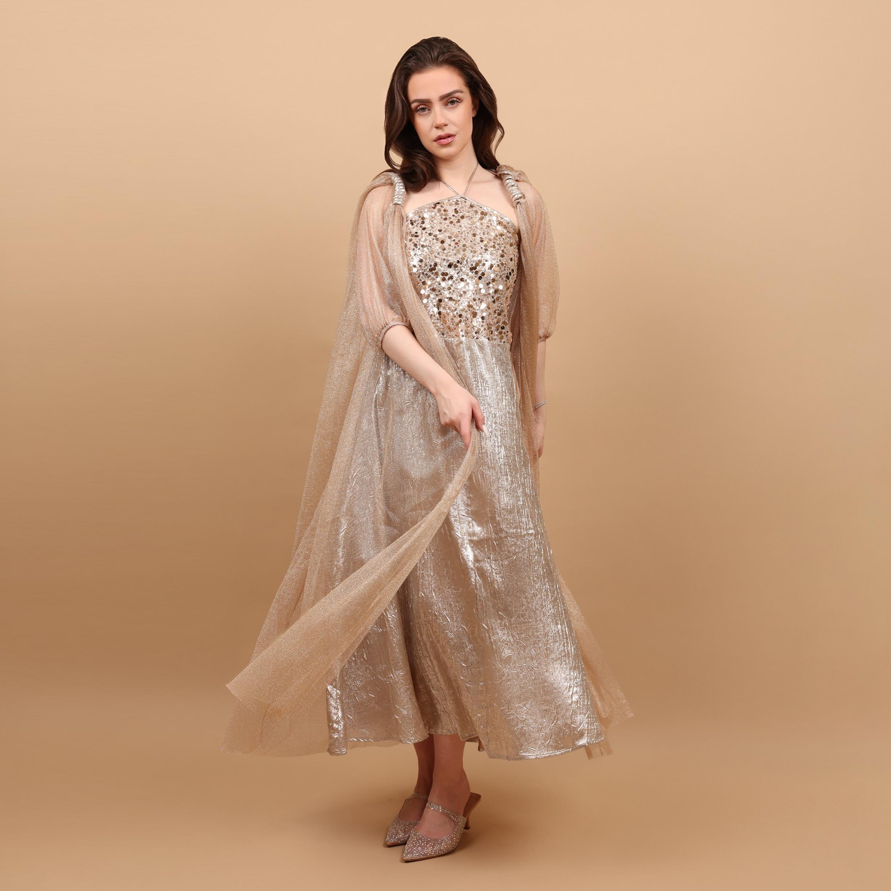 IKKXA Halter Neck Sequins Women's Evening Jalabiya with Sheer Cape Overlay-women-clothing-dresses-image-4