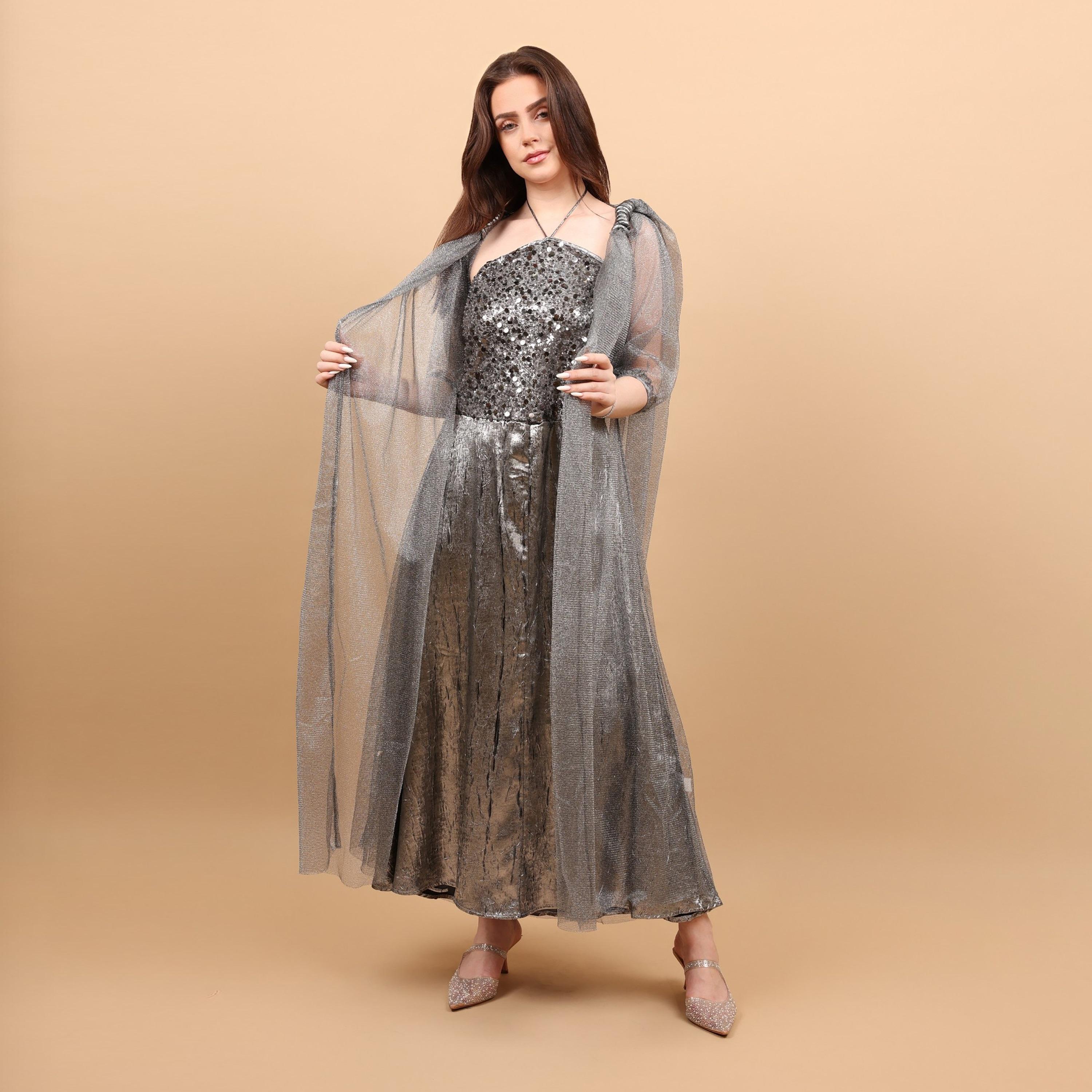 IKKXA Halter Neck Sequins Women's Evening Jalabiya with Sheer Cape Overlay-women-clothing-dresses-image-6