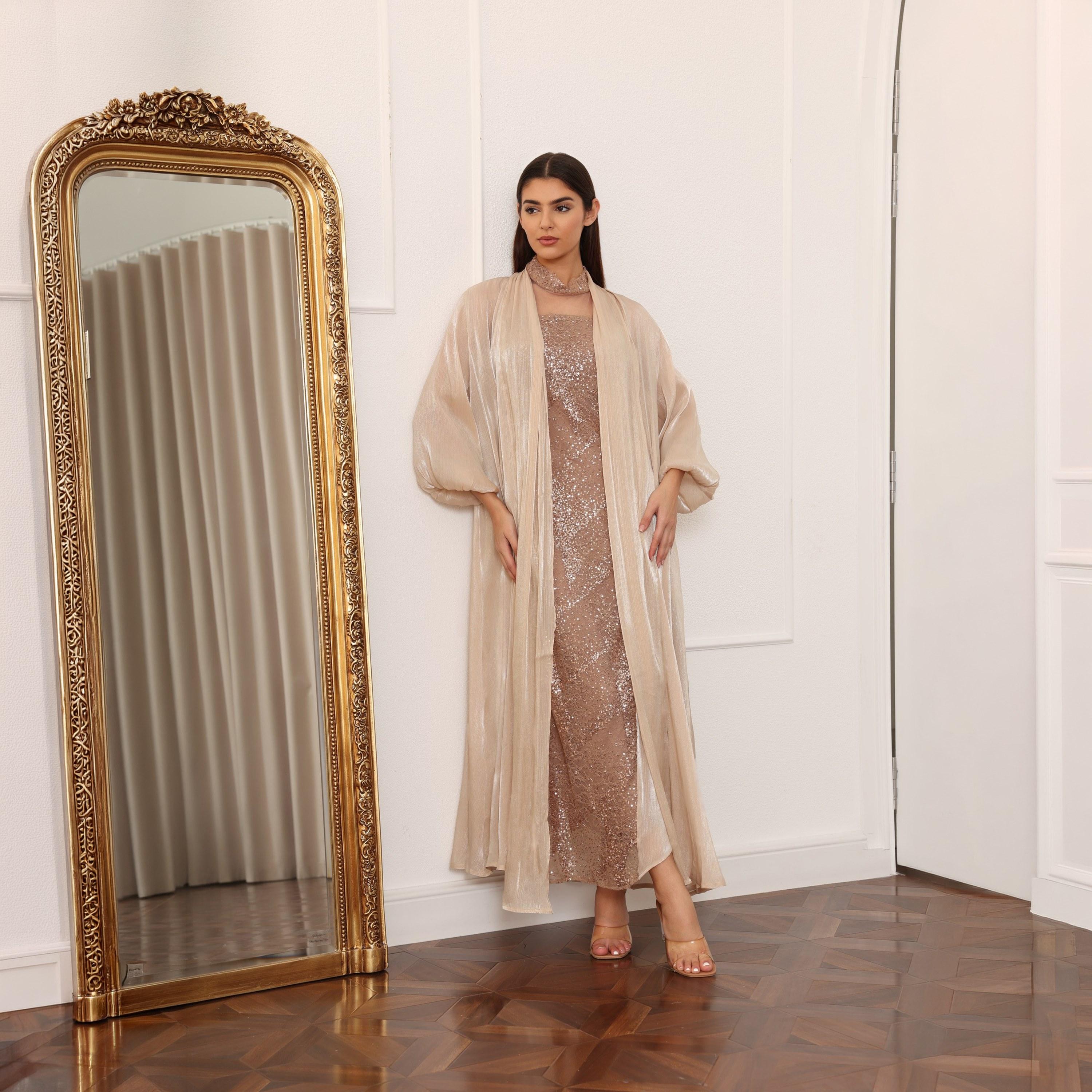 IKKXA Balloon Sleeves Sequins Women's Evening Jalabiya with Long Shrug-women-clothing-dresses-image-1