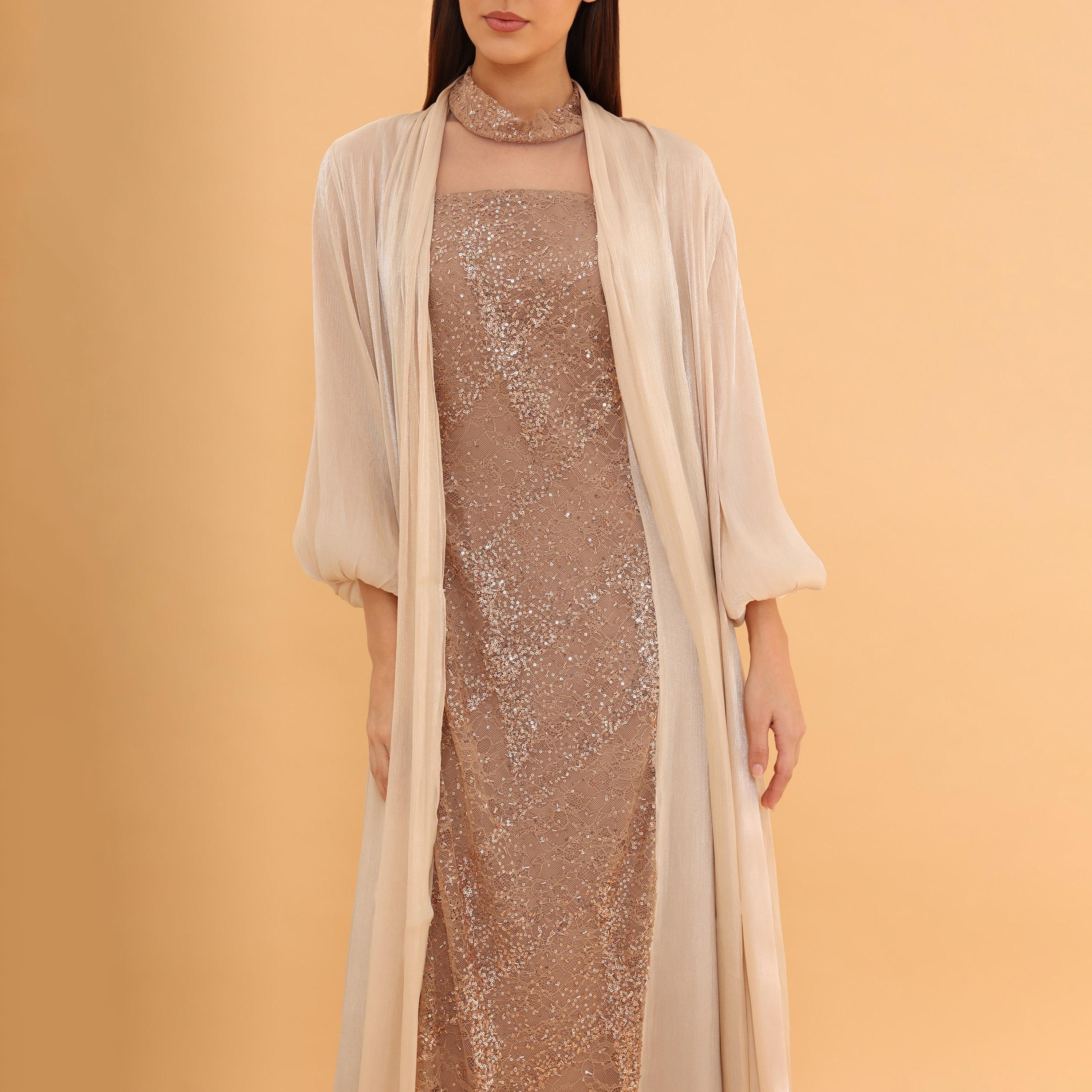 IKKXA Balloon Sleeves Sequins Women's Evening Jalabiya with Long Shrug-women-clothing-dresses-image-2