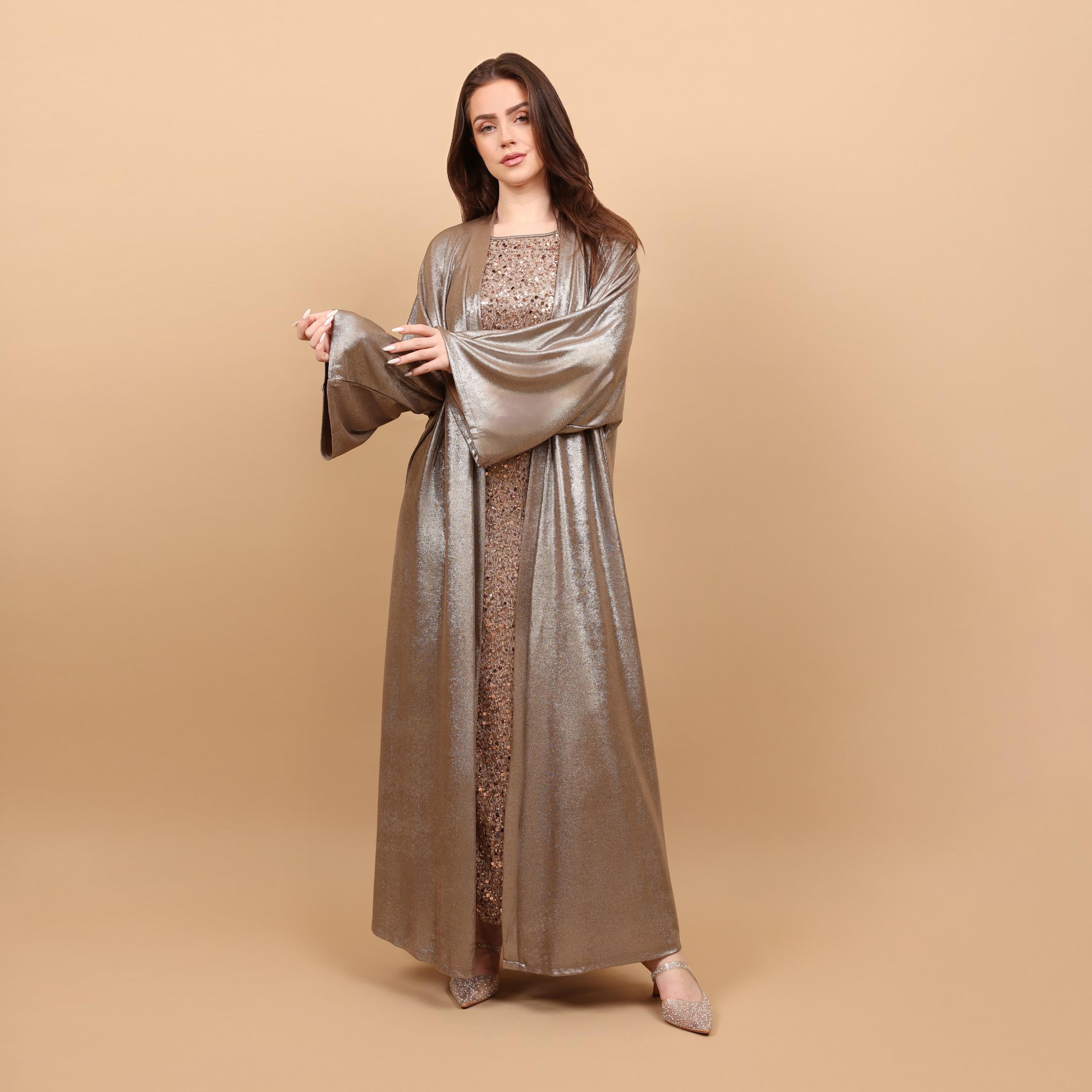 IKKXA Halter Neck Sequins Panel Women's Evening Jalabiya with Metallic Overlay-women-clothing-dresses-image-5