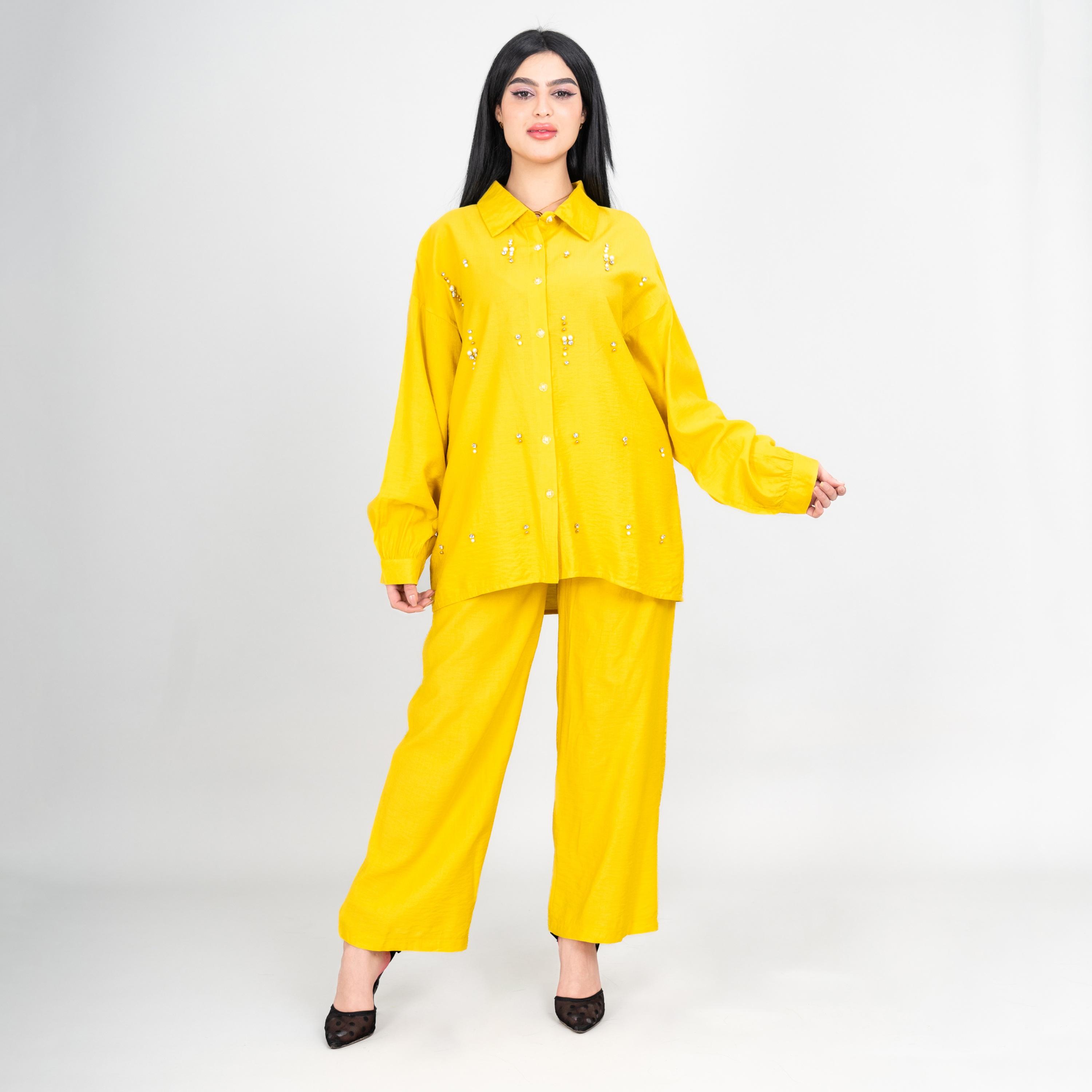 IKKXA Collared Embellished Dropped Sleeves Women's Shirt & Pants Set-women-clothing-coordsets-image-1