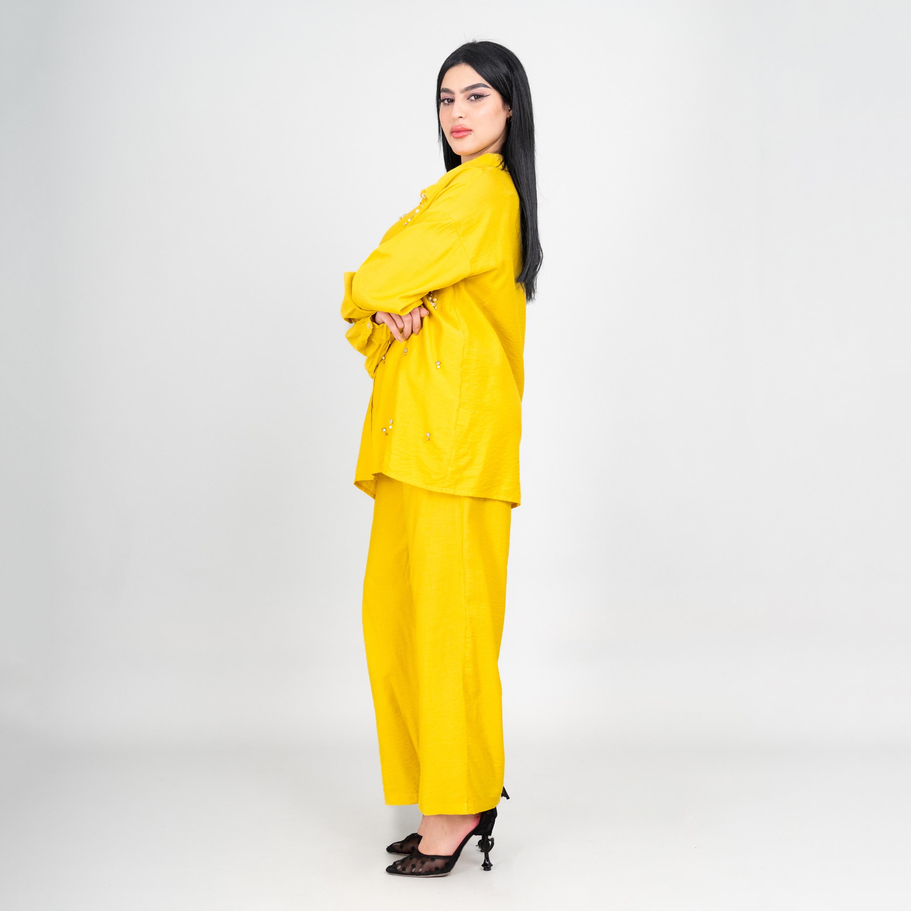 IKKXA Collared Embellished Dropped Sleeves Women's Shirt & Pants Set-women-clothing-coordsets-image-3