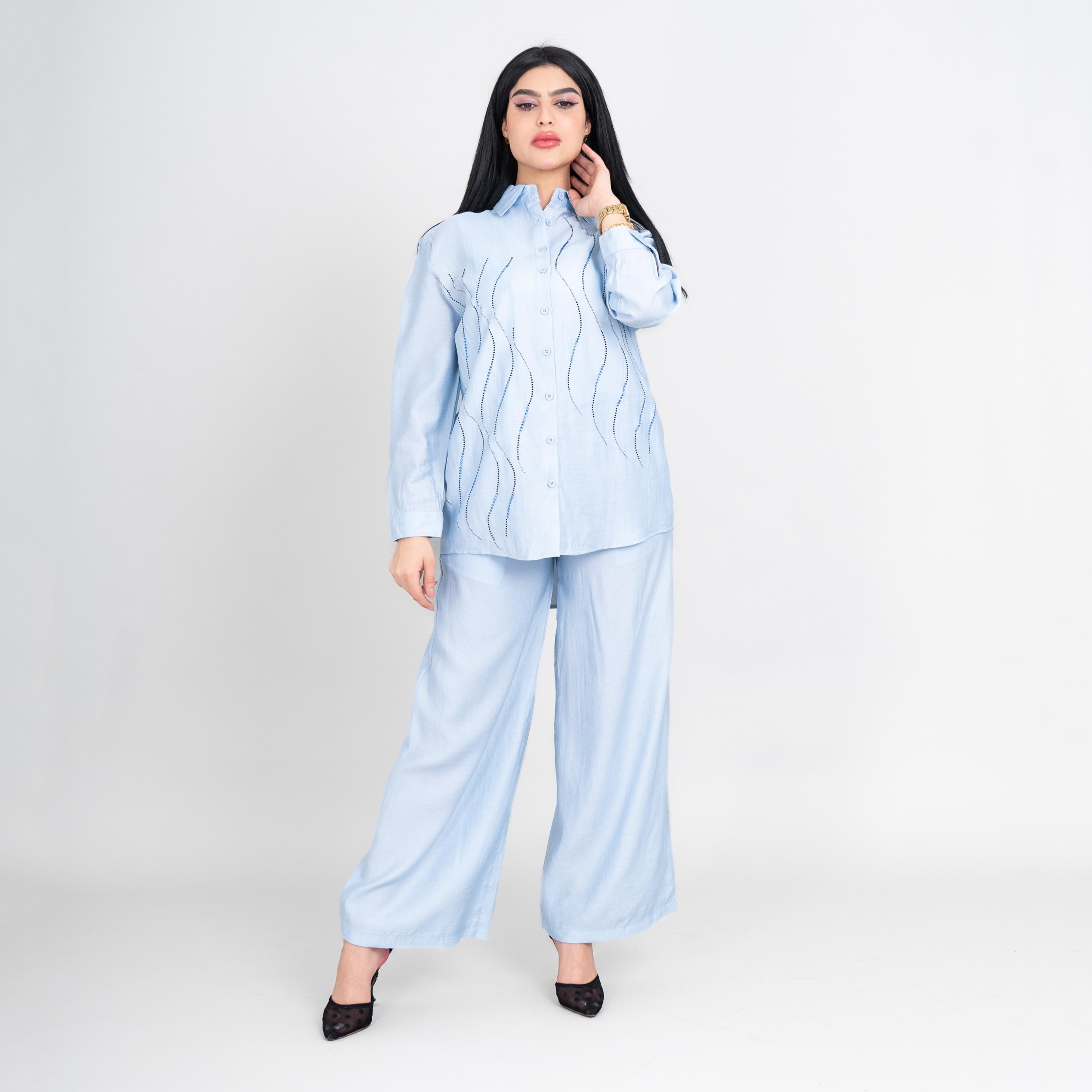 طقم قميص وبنطلون نسائي بياقة ومزين من إيككسا-women-clothing-coordsets-image-1