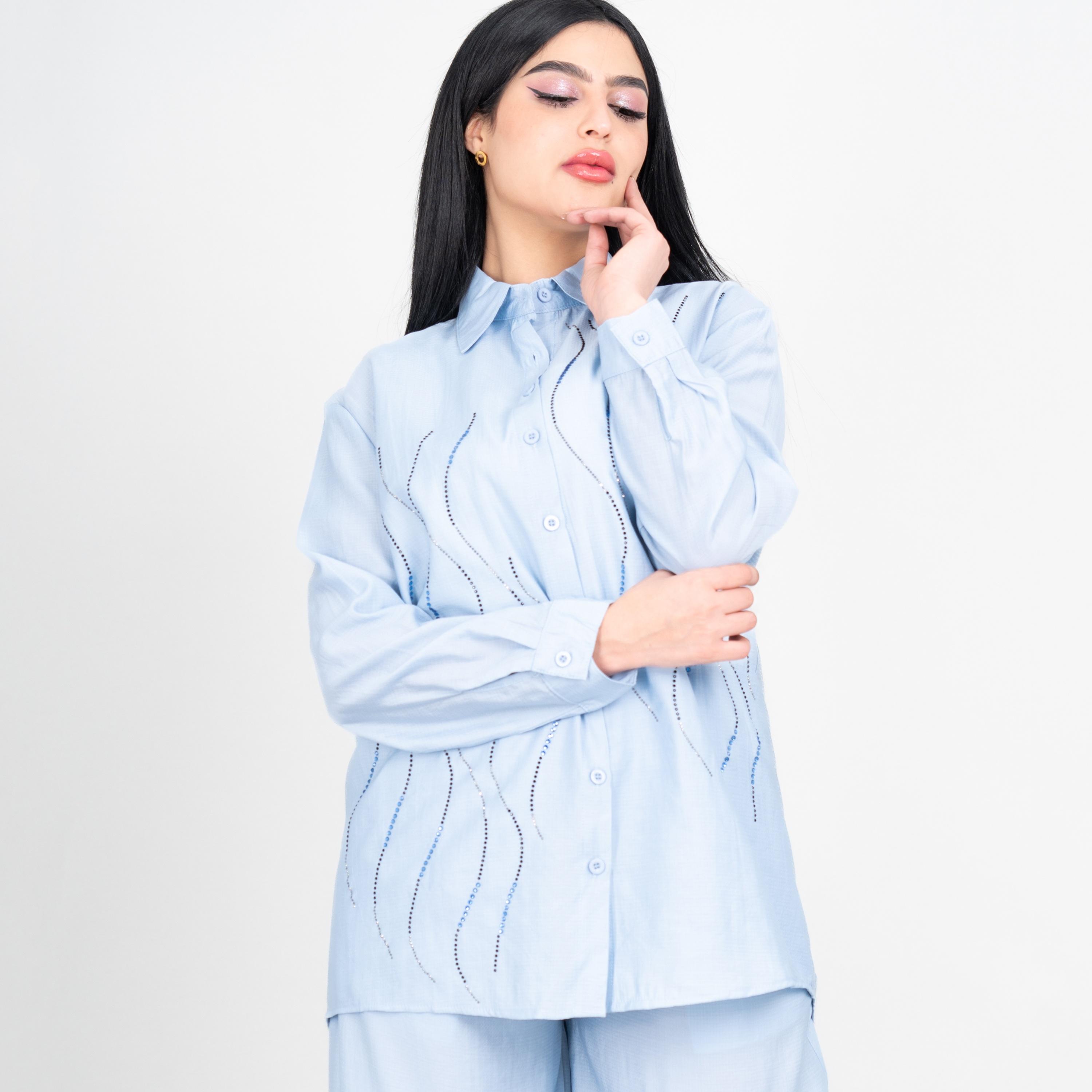 طقم قميص وبنطلون نسائي بياقة ومزين من إيككسا-women-clothing-coordsets-image-2