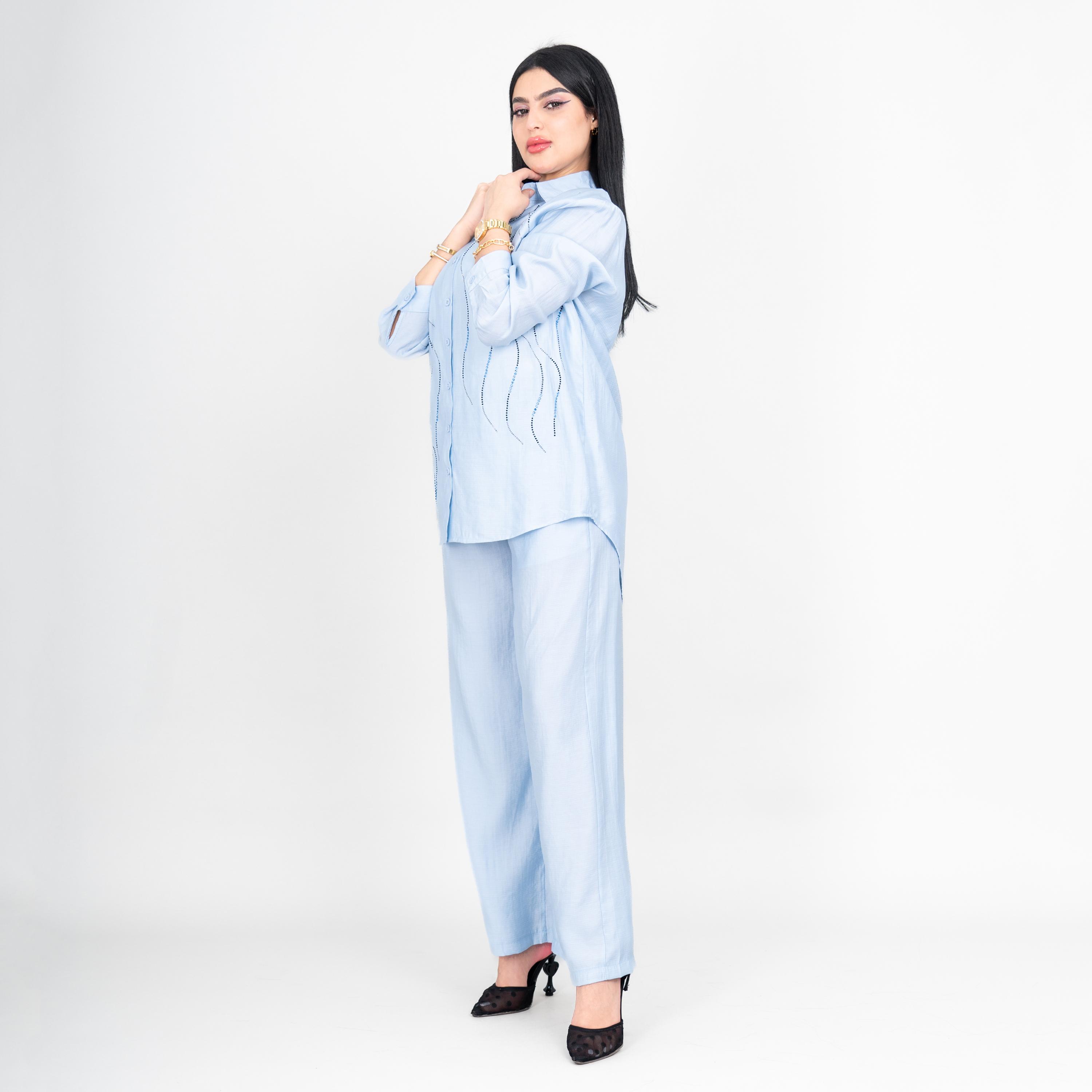 طقم قميص وبنطلون نسائي بياقة ومزين من إيككسا-women-clothing-coordsets-image-3