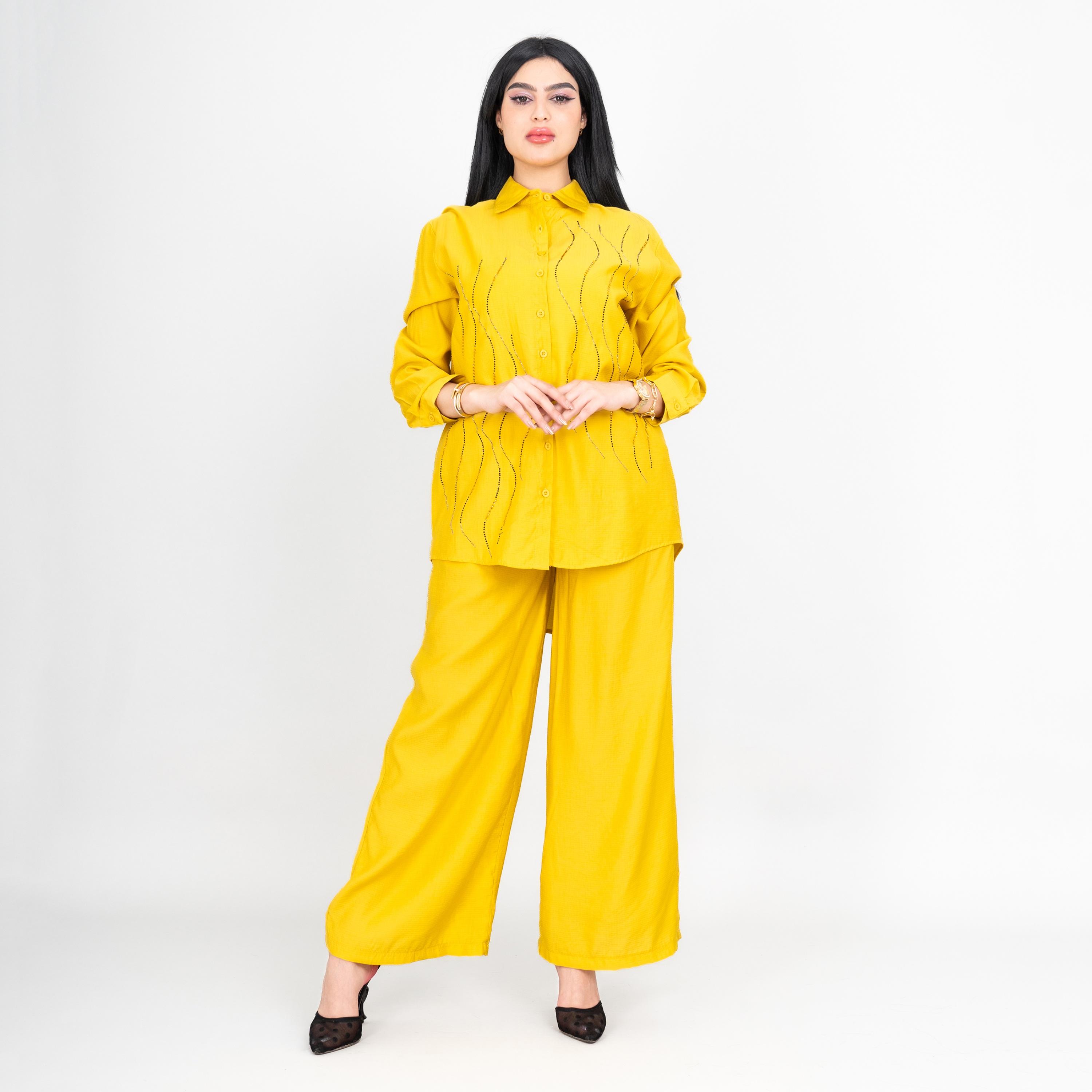 طقم قميص وبنطلون نسائي بياقة ومزين من إيككسا-women-clothing-coordsets-image-1