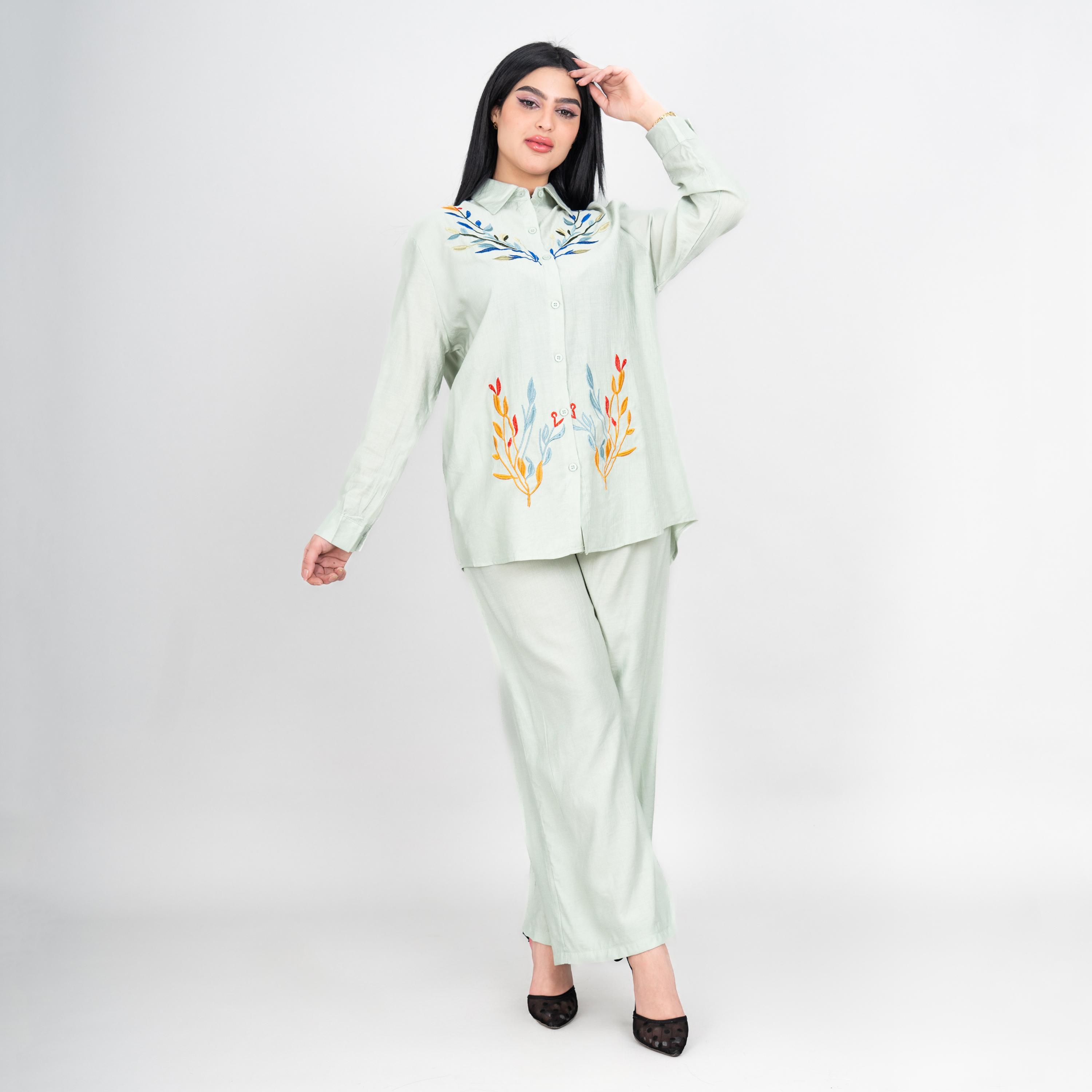 طقم قميص وبنطلون نسائي بياقة ومطرز من إيككسا-women-clothing-coordsets-image-5