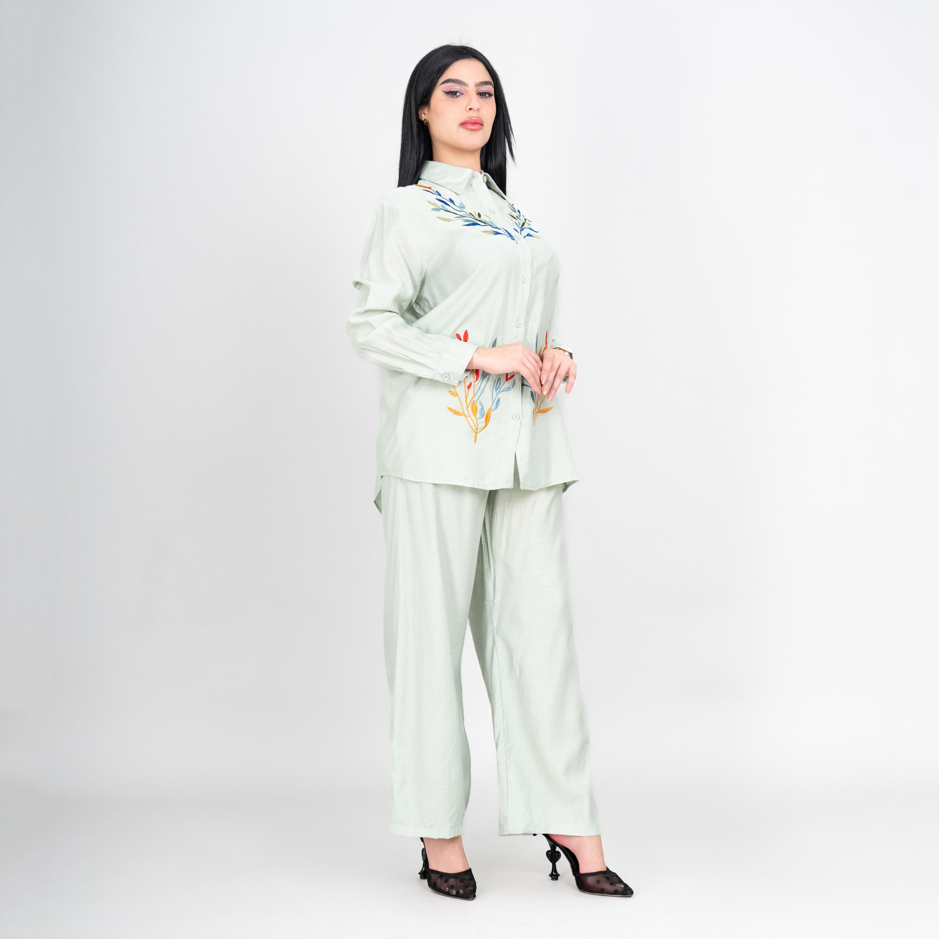 طقم قميص وبنطلون نسائي بياقة ومطرز من إيككسا-women-clothing-coordsets-image-7