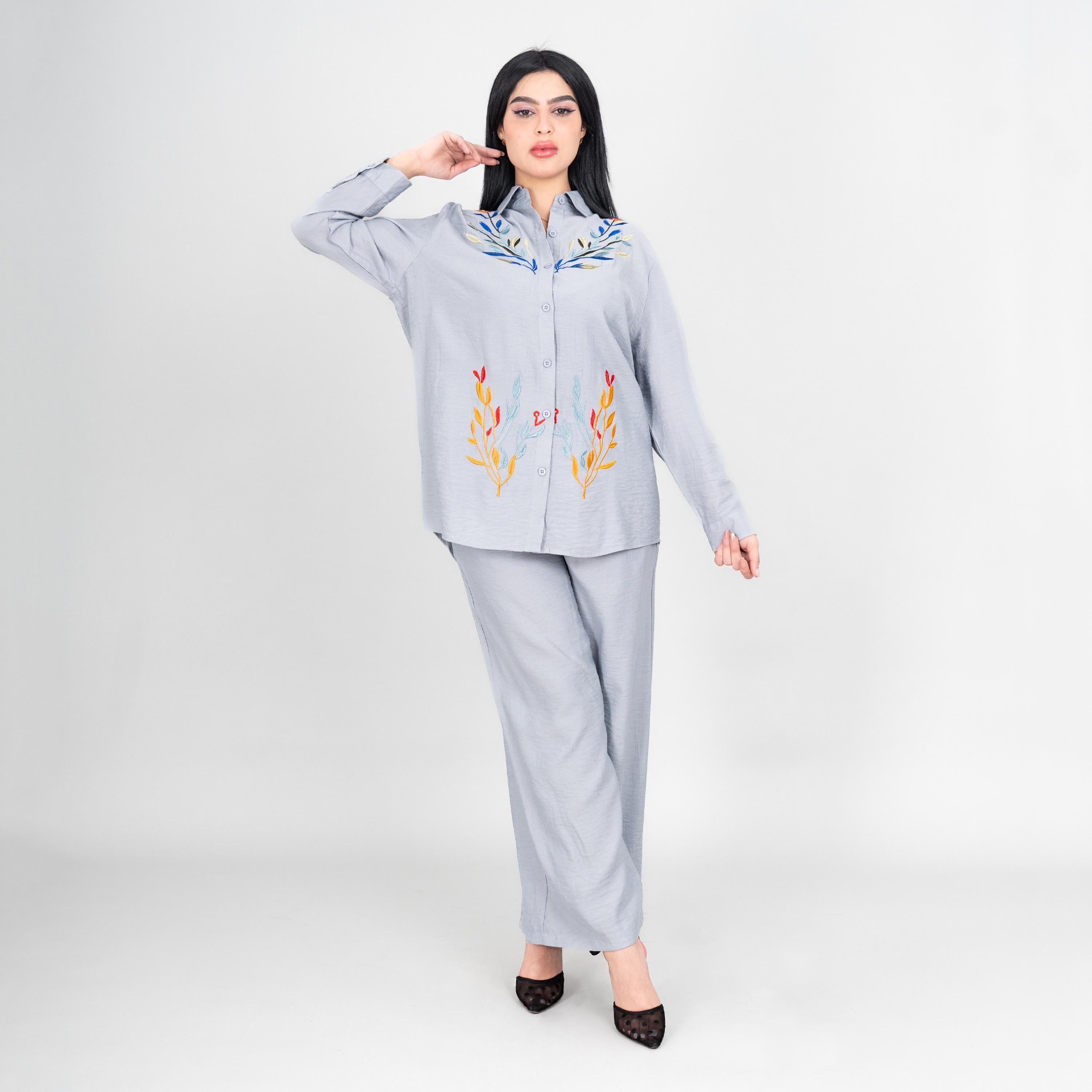 طقم قميص وبنطلون نسائي بياقة ومطرز من إيككسا-women-clothing-coordsets-image-1