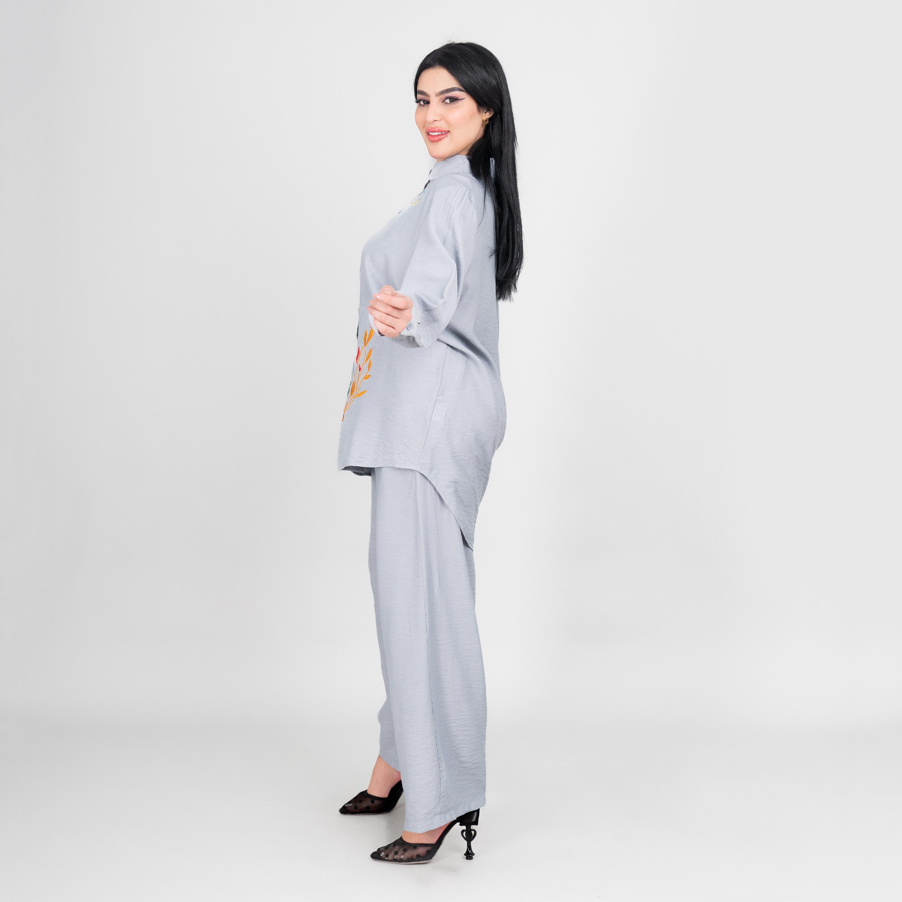 طقم قميص وبنطلون نسائي بياقة ومطرز من إيككسا-women-clothing-coordsets-image-3