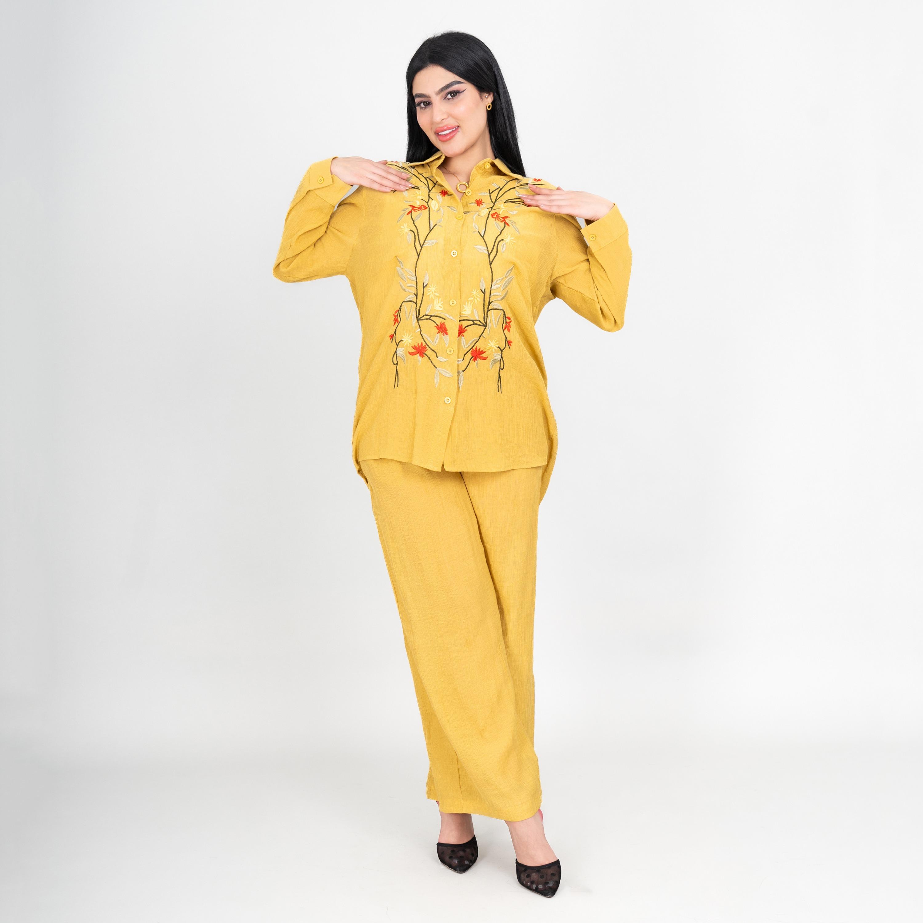 IKKXA Collared Floral Embroidered Women's Shirt & Pants Set-women-clothing-coordsets-image-1