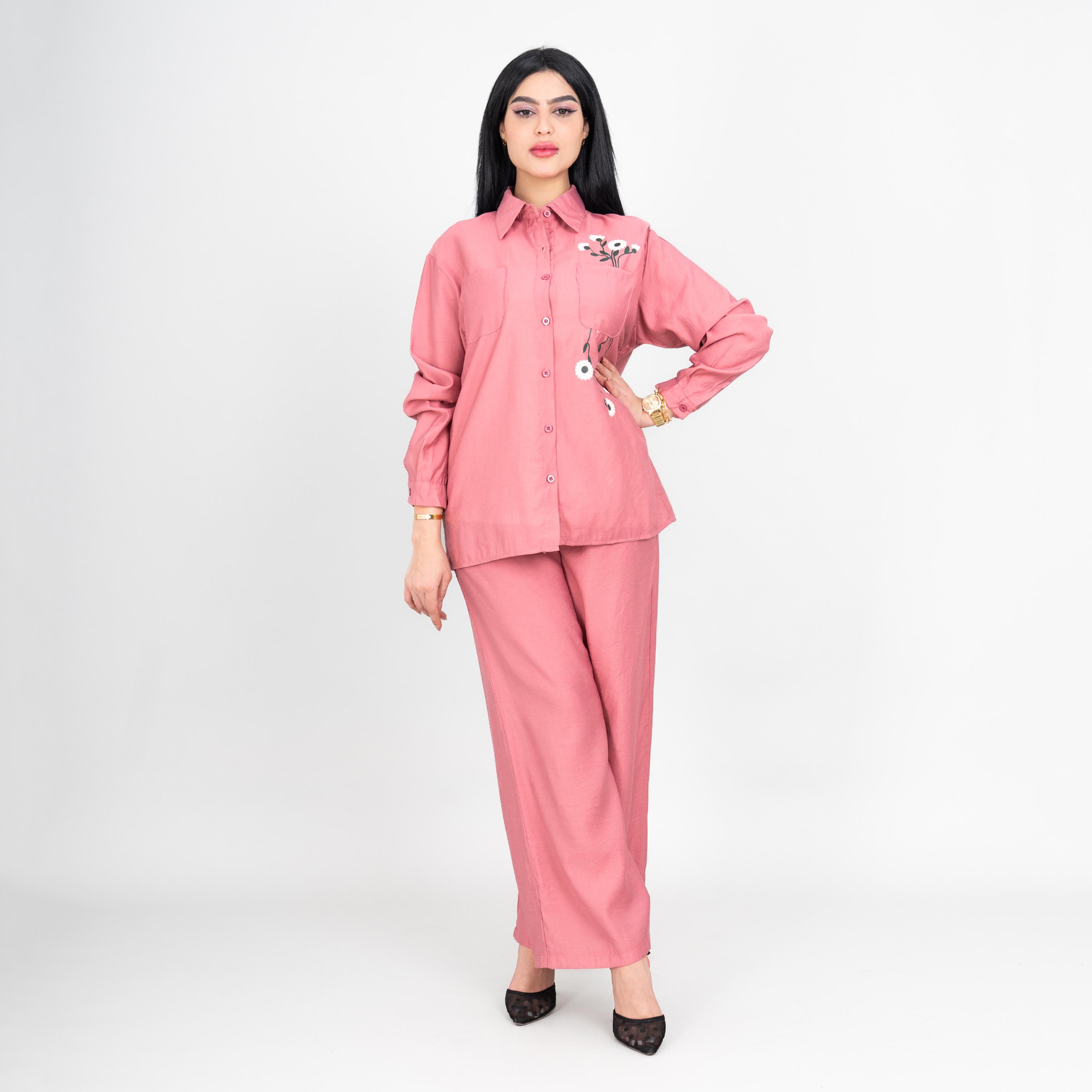 طقم قميص وبنطلون نسائي بياقة بطبعة زهور من إيككسا-women-clothing-coordsets-image-1