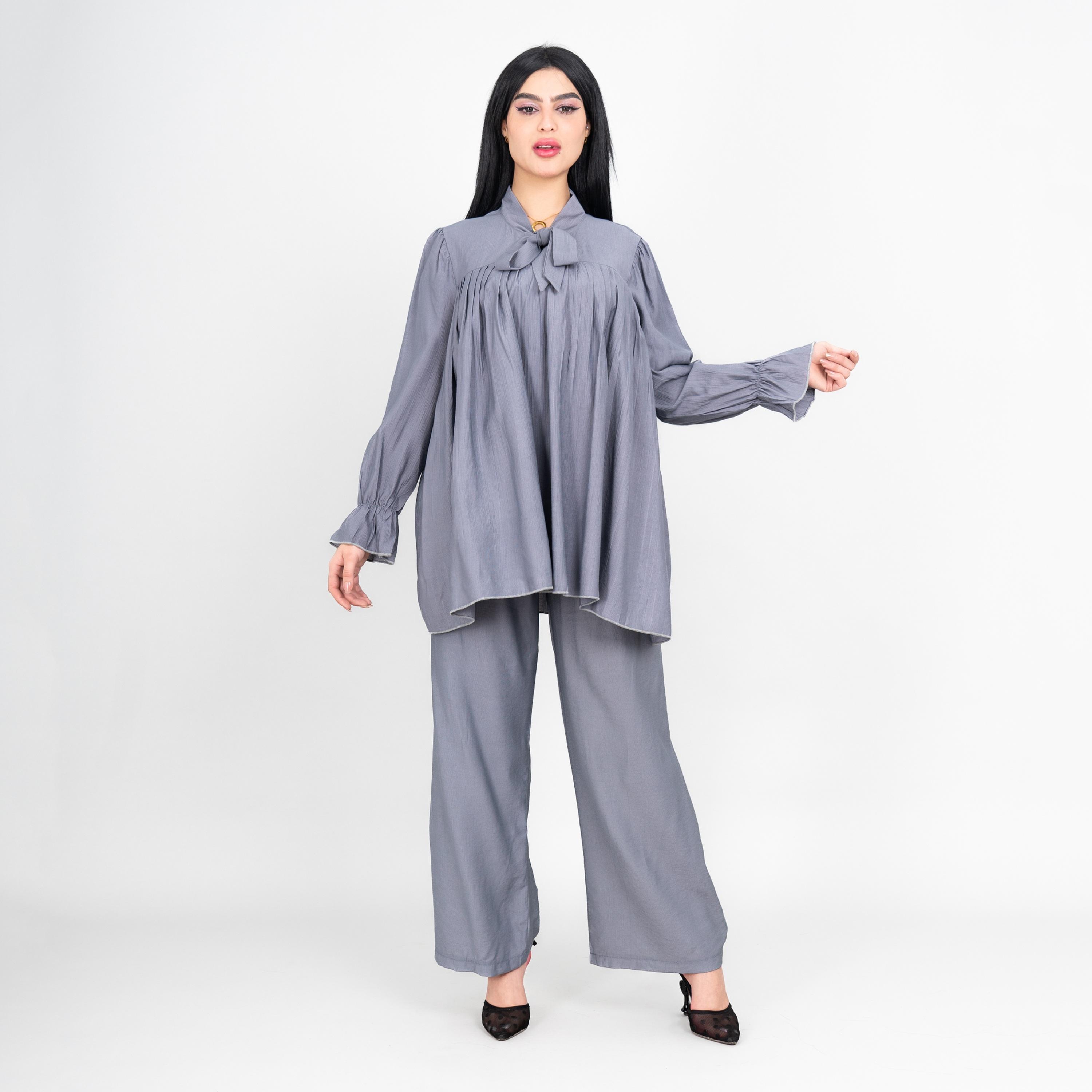 IKKXA Tie-Up Neck Pleated Women's Tunic & Pants Set-women-clothing-coordsets-image-1