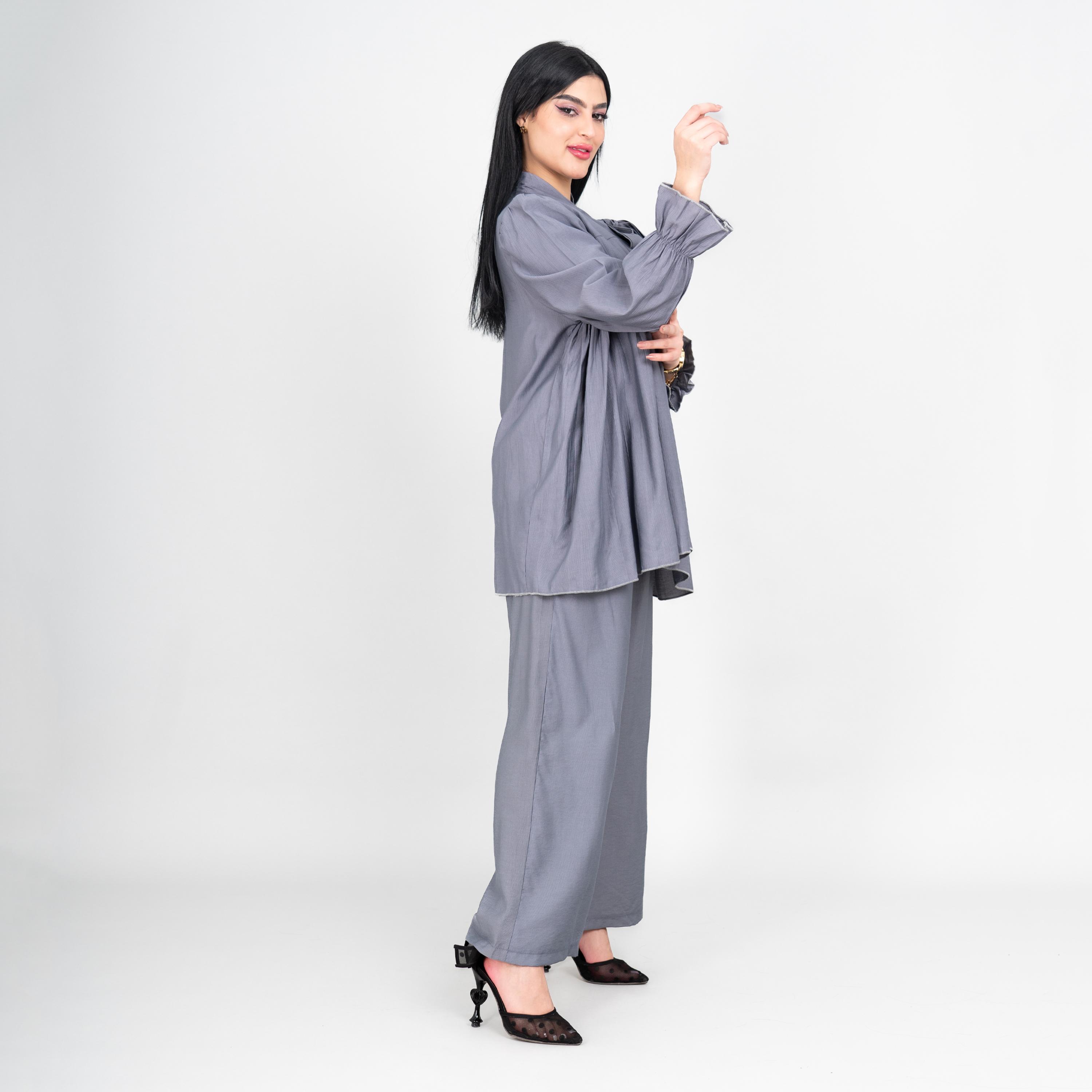IKKXA Tie-Up Neck Pleated Women's Tunic & Pants Set-women-clothing-coordsets-image-3