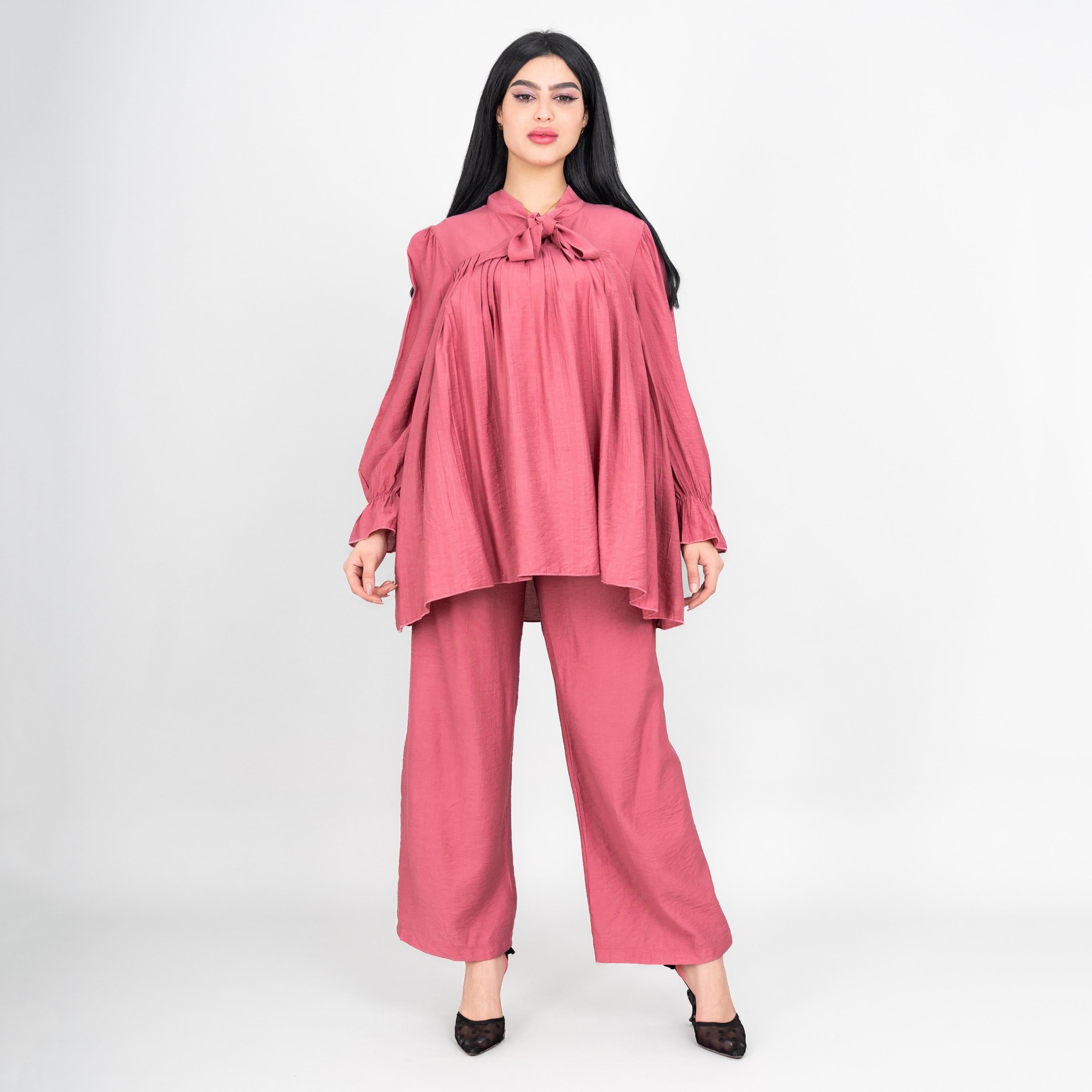 IKKXA Tie-Up Neck Pleated Women's Tunic & Pants Set-women-clothing-coordsets-image-5