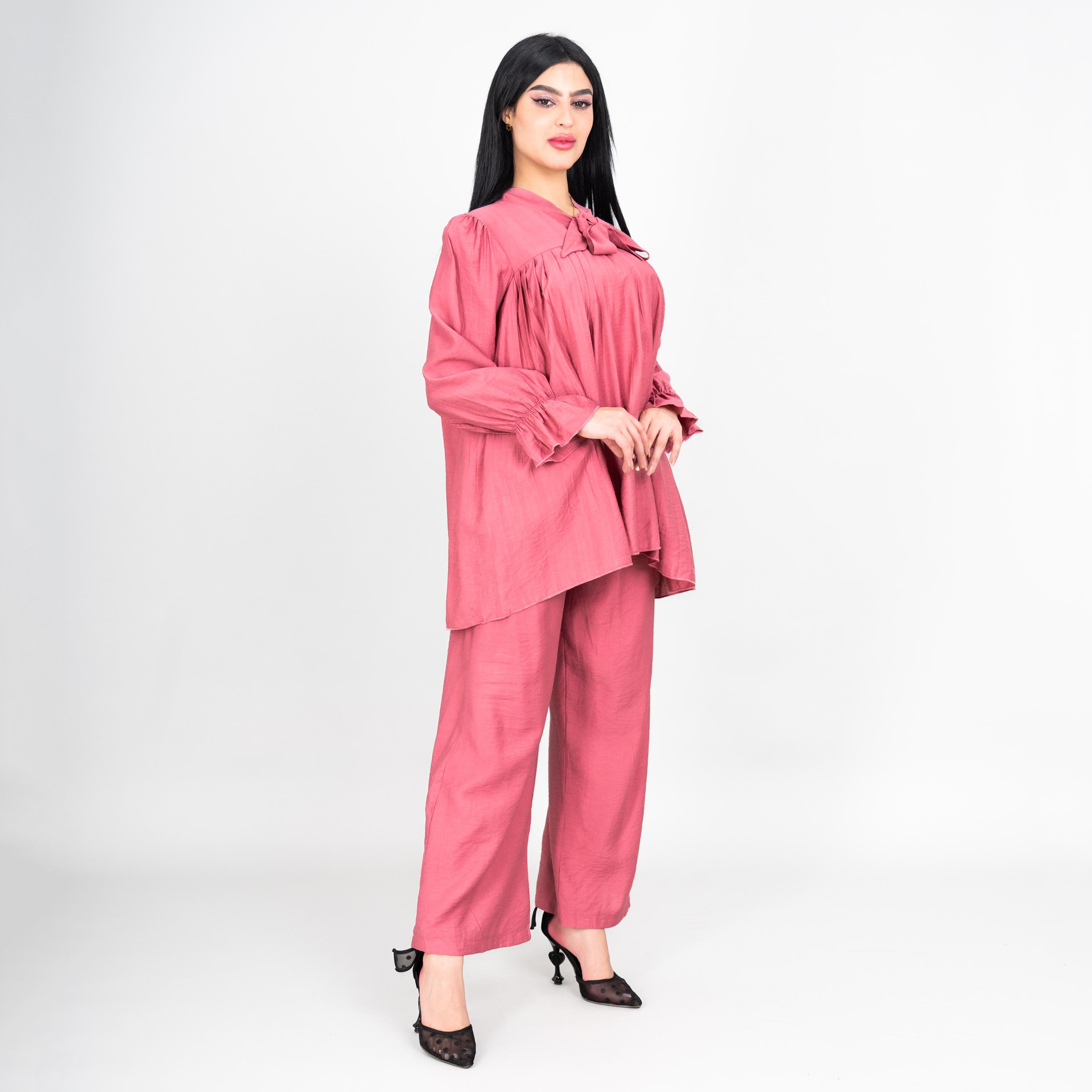 IKKXA Tie-Up Neck Pleated Women's Tunic & Pants Set-women-clothing-coordsets-image-7
