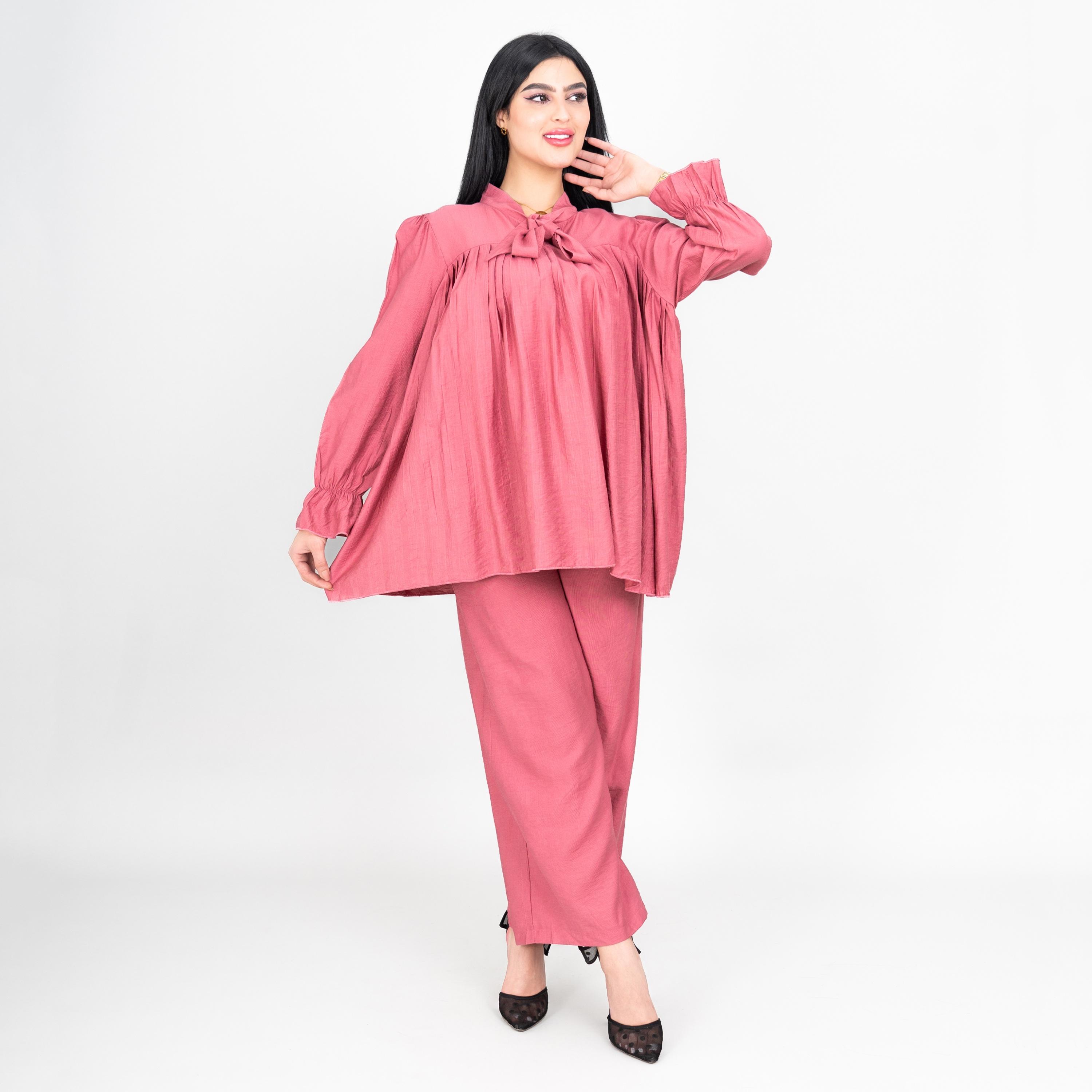 IKKXA Tie-Up Neck Pleated Women's Tunic & Pants Set-women-clothing-coordsets-image-9