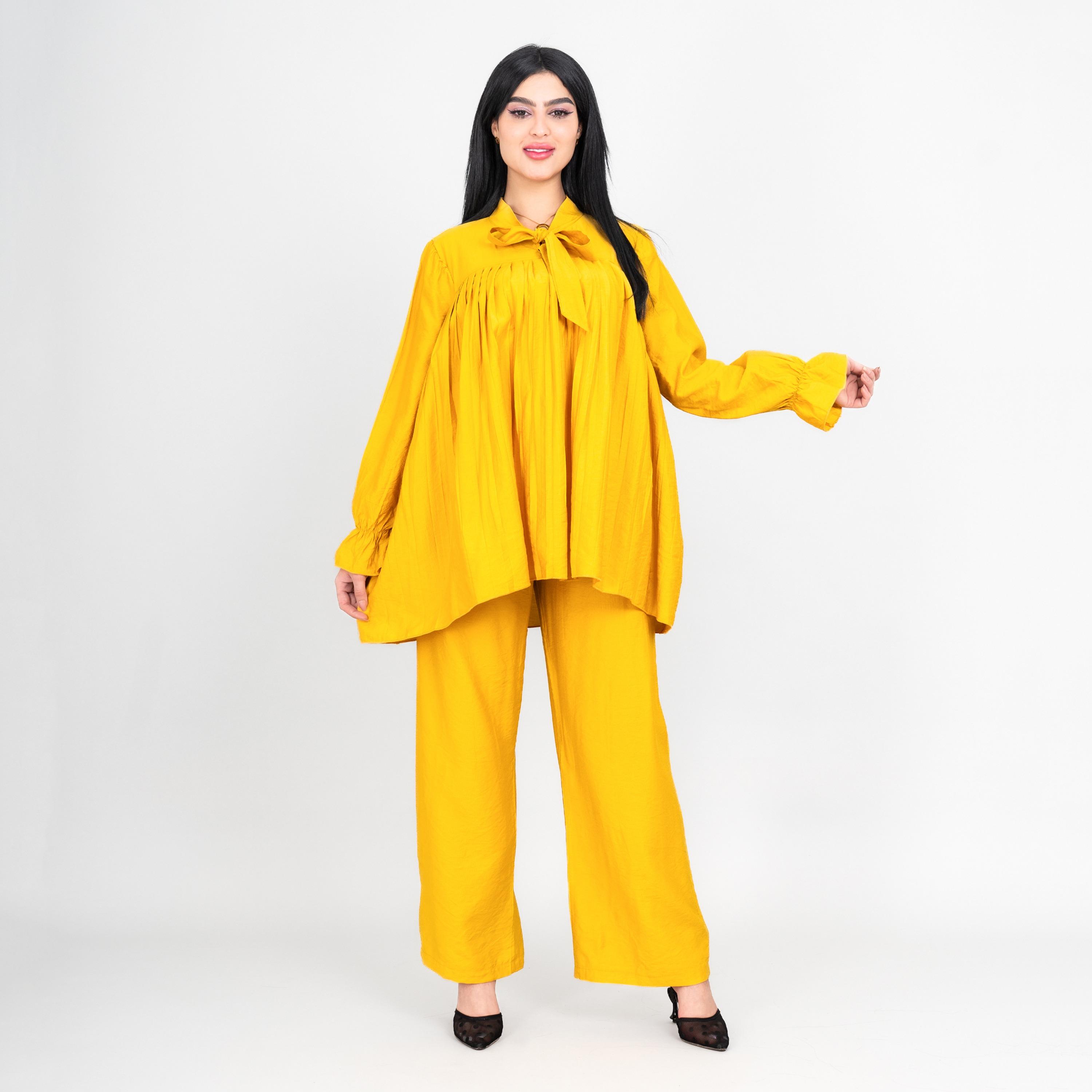 IKKXA Tie-Up Neck Pleated Women's Tunic & Pants Set-women-clothing-coordsets-image-10