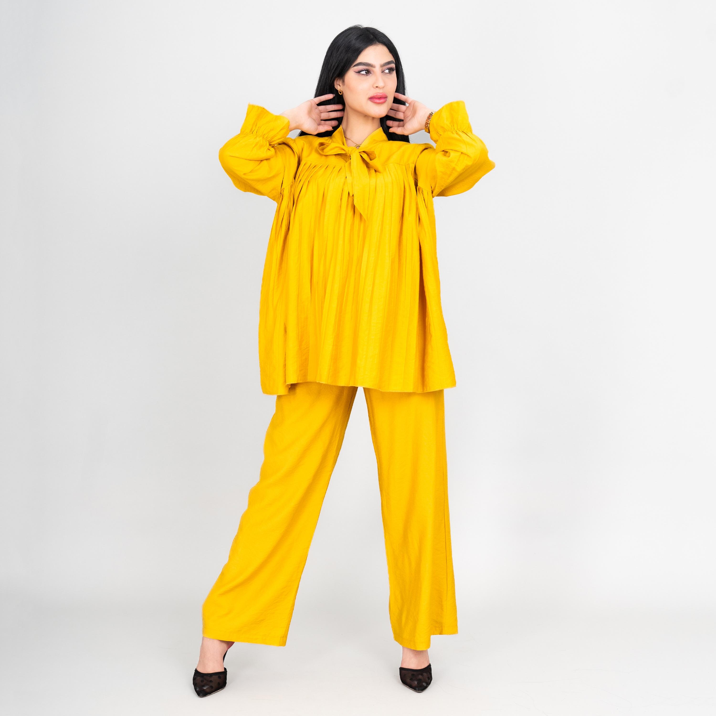 IKKXA Tie-Up Neck Pleated Women's Tunic & Pants Set-women-clothing-coordsets-image-14