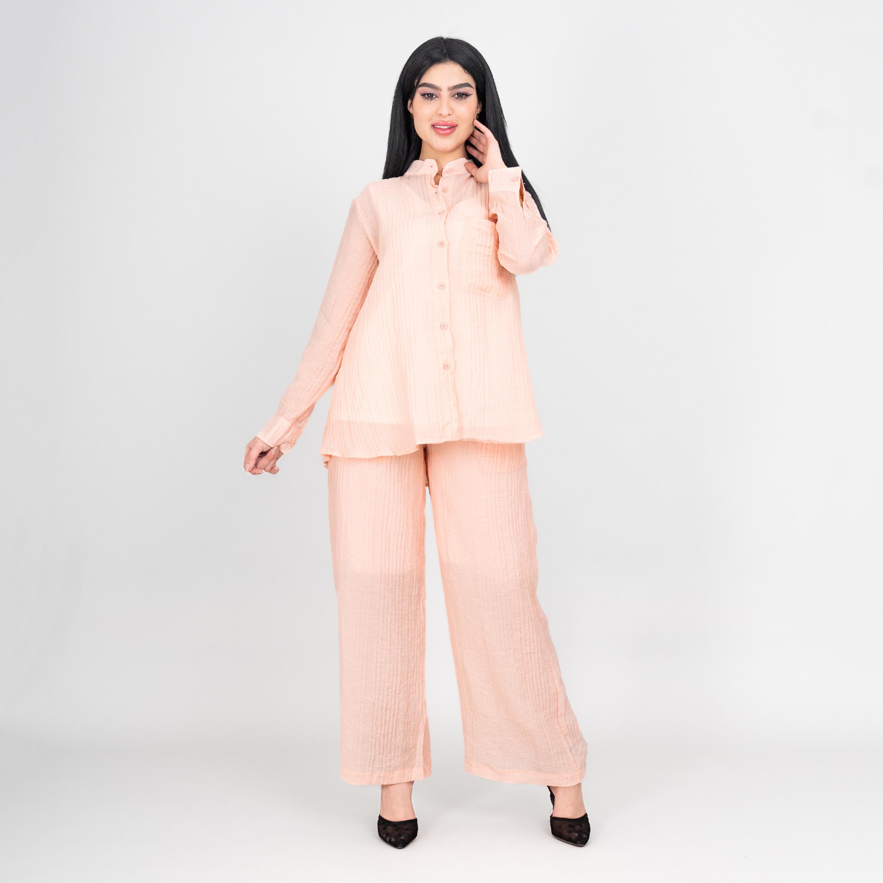 IKKXA Mandarin Collar Textured Women's Shirt & Pants Set-women-clothing-coordsets-image-1