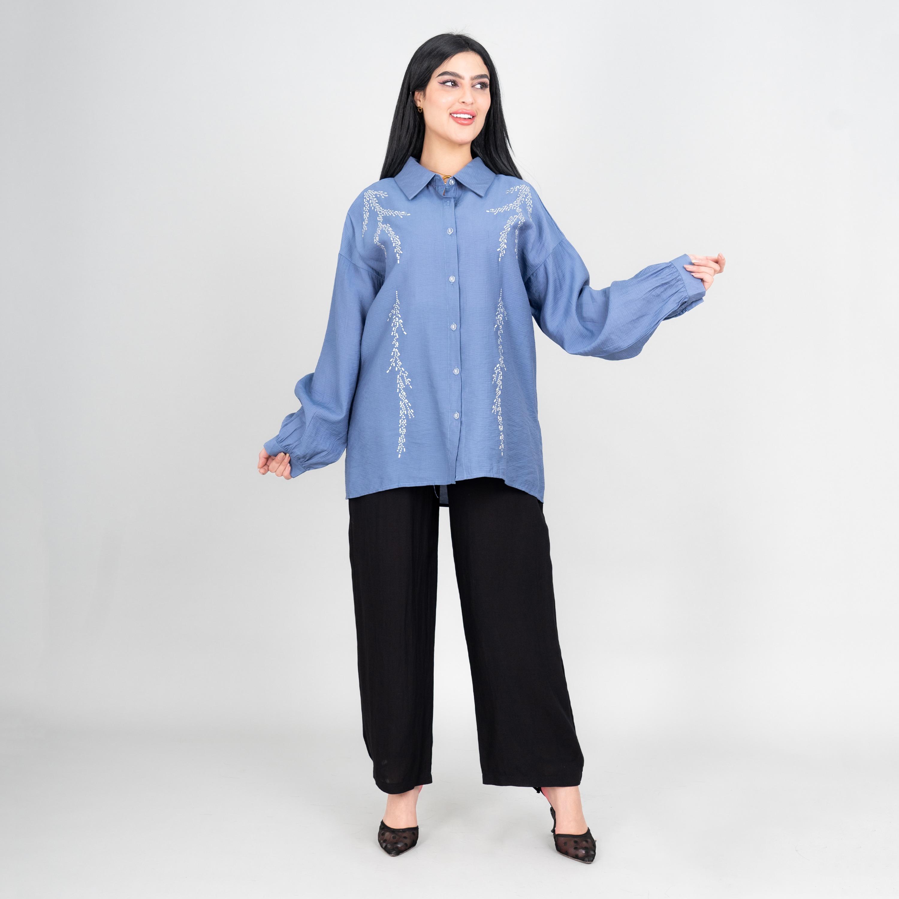 طقم قميص وبنطلون نسائي بياقة ومزين بأكمام "بيشوب" منسدلة من إيككسا-women-clothing-coordsets-image-9