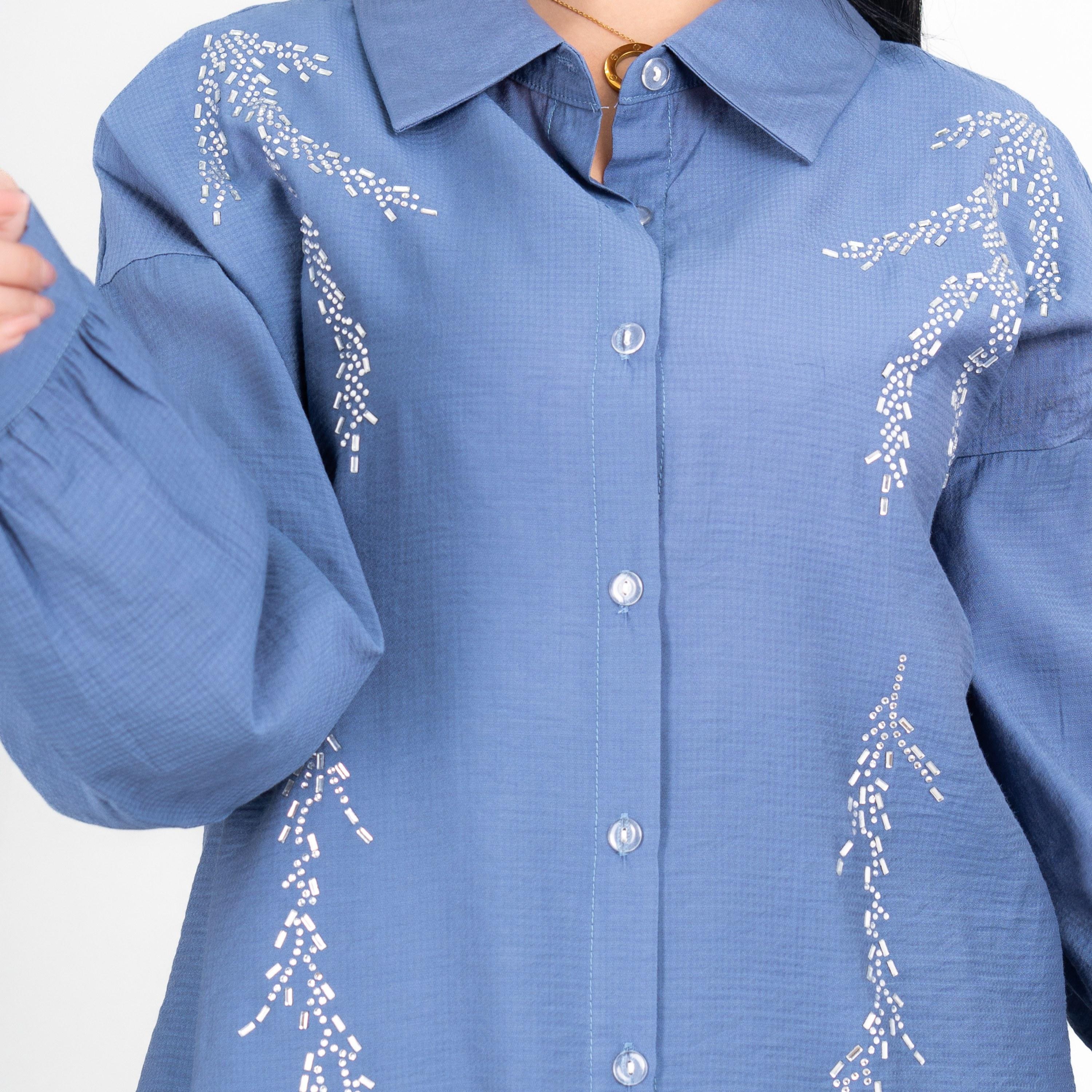 طقم قميص وبنطلون نسائي بياقة ومزين بأكمام "بيشوب" منسدلة من إيككسا-women-clothing-coordsets-image-10