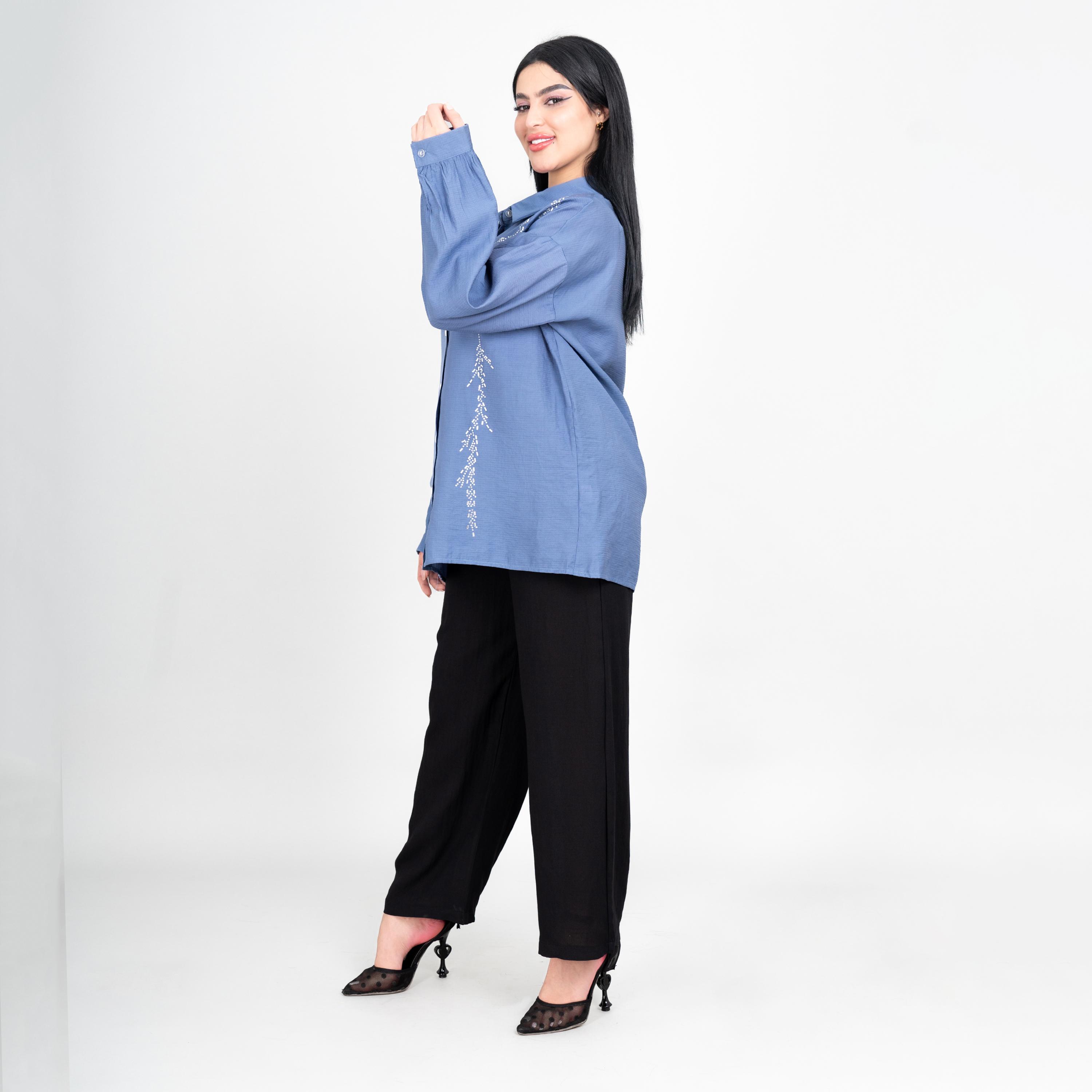 طقم قميص وبنطلون نسائي بياقة ومزين بأكمام "بيشوب" منسدلة من إيككسا-women-clothing-coordsets-image-11