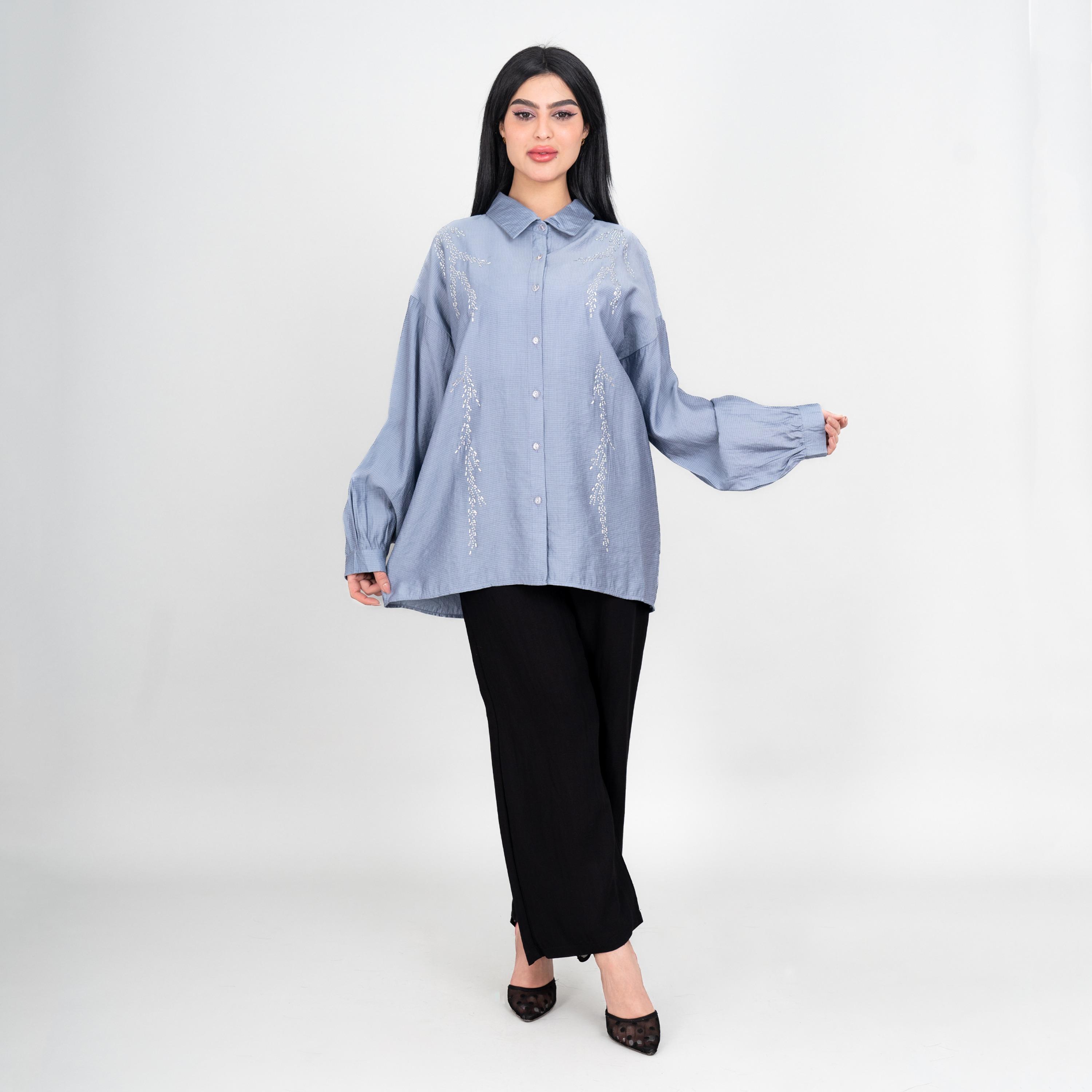 طقم قميص وبنطلون نسائي بياقة ومزين بأكمام "بيشوب" منسدلة من إيككسا-women-clothing-coordsets-image-1