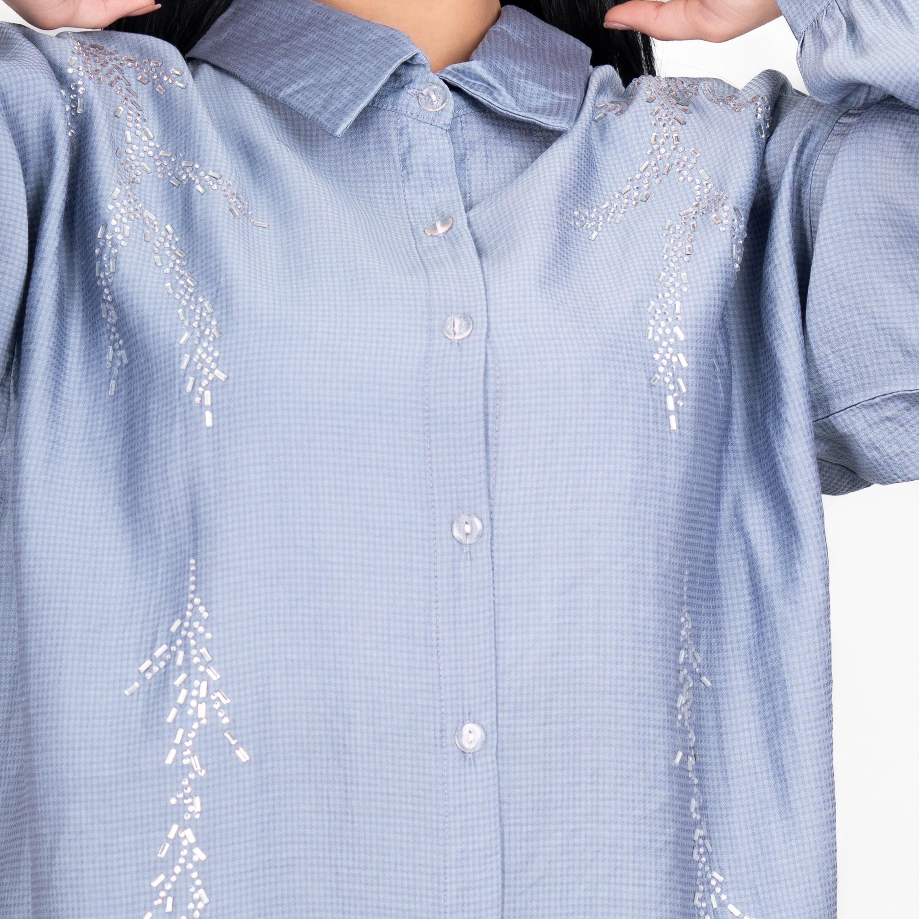 طقم قميص وبنطلون نسائي بياقة ومزين بأكمام "بيشوب" منسدلة من إيككسا-women-clothing-coordsets-image-2