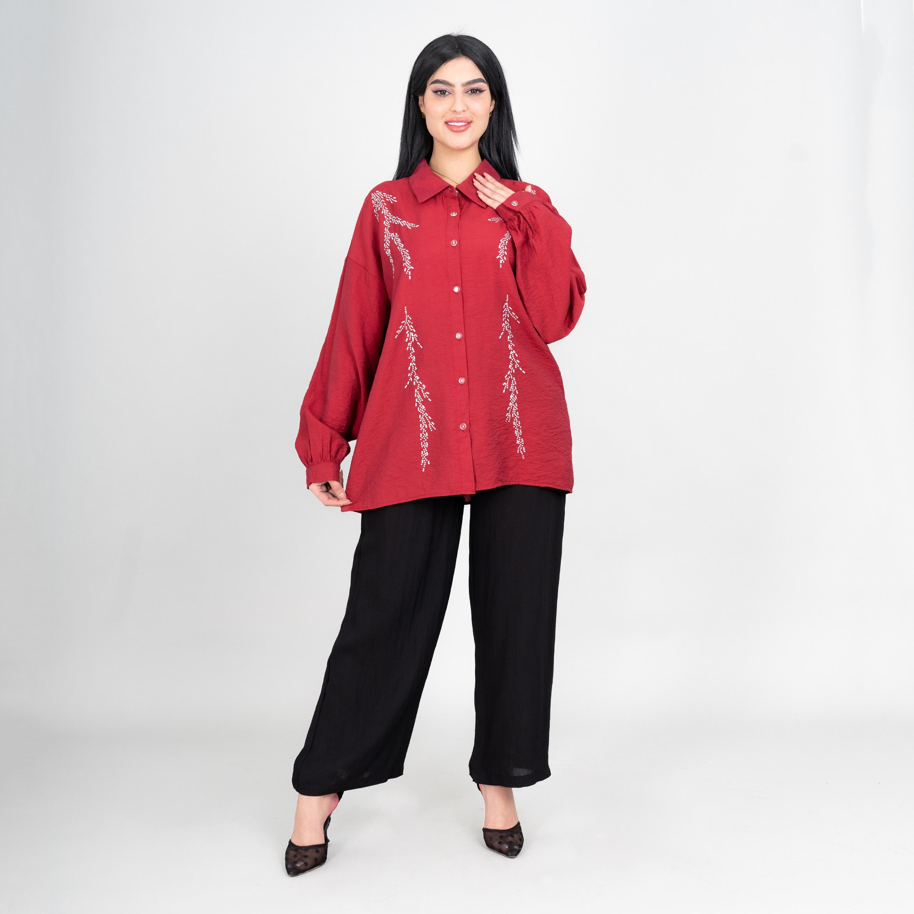 IKKXA Collared Embellished Dropped Bishop Sleeves Women's Shirt & Pants Set-women-clothing-coordsets-image-1