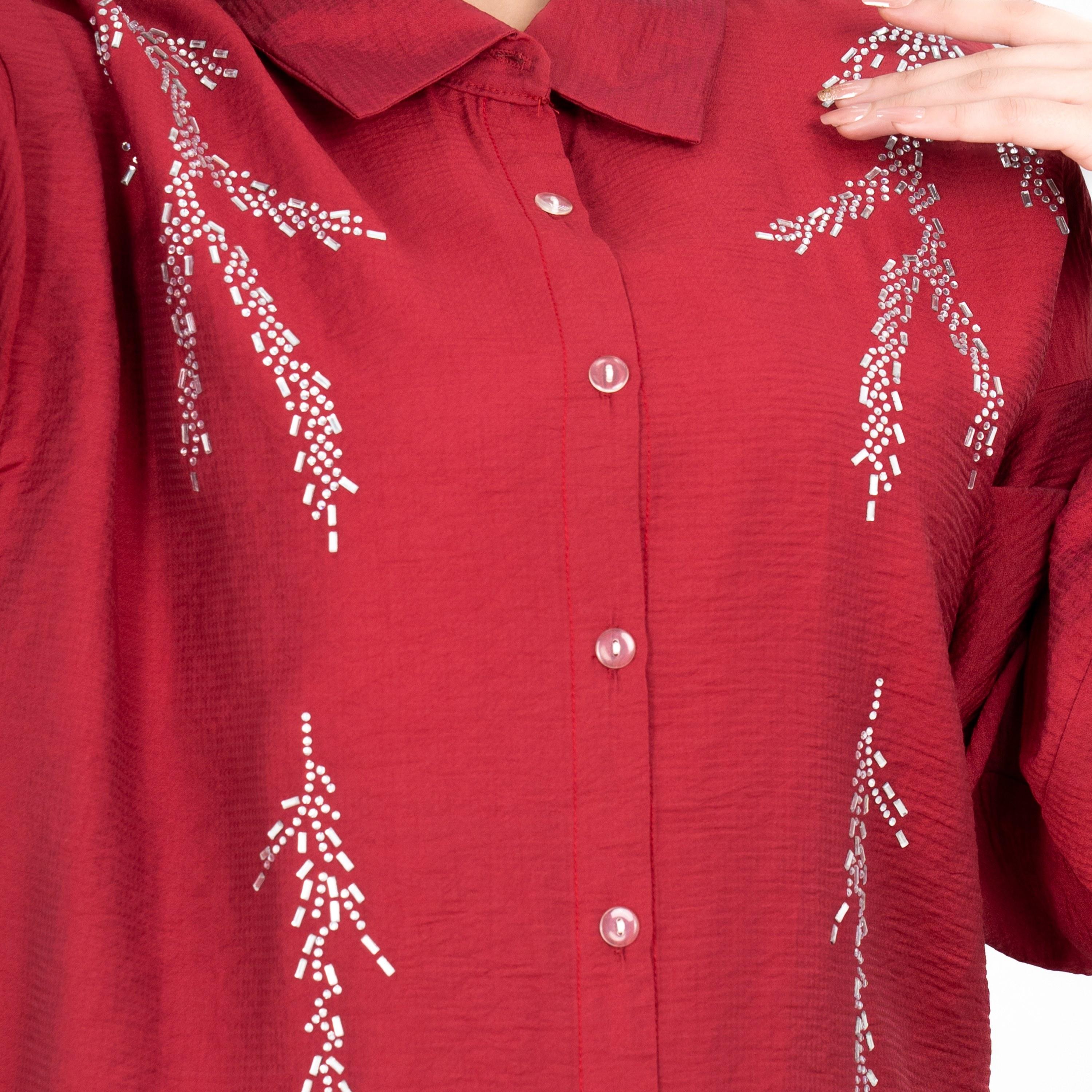 IKKXA Collared Embellished Dropped Bishop Sleeves Women's Shirt & Pants Set-women-clothing-coordsets-image-2