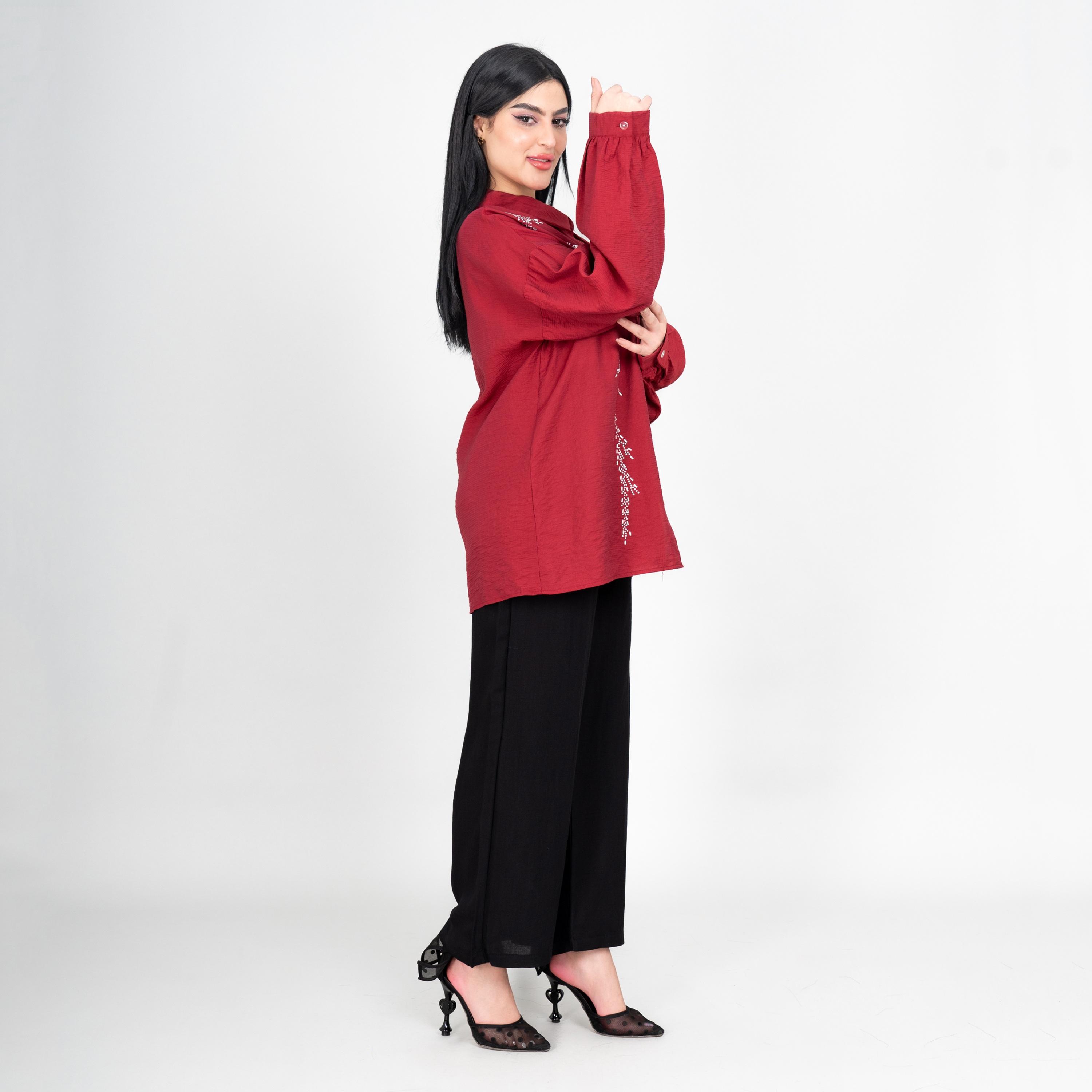 طقم قميص وبنطلون نسائي بياقة ومزين بأكمام "بيشوب" منسدلة من إيككسا-women-clothing-coordsets-image-7