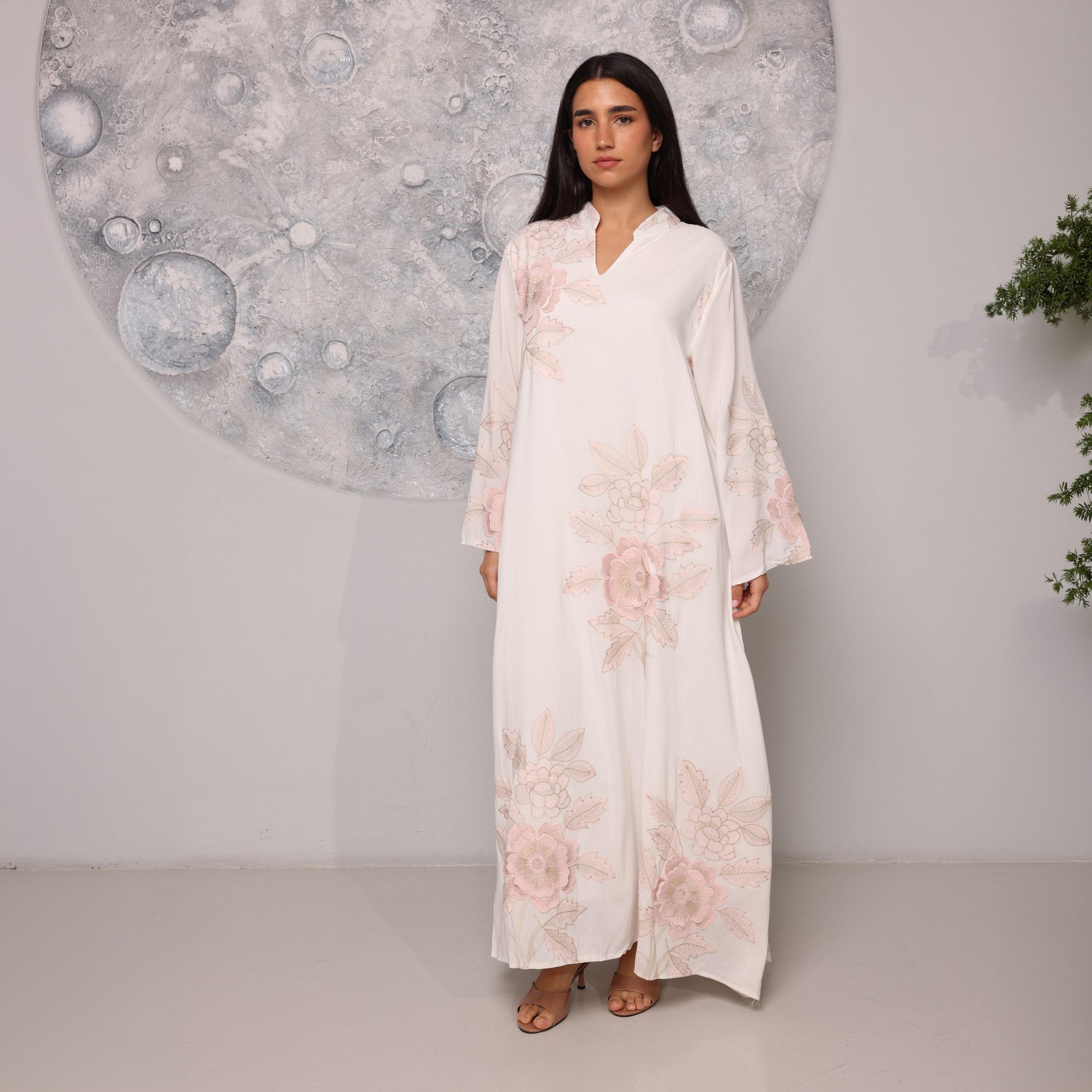 IKKXA Mandarin Collar Flared Sleeves Floral Embroidered Women's Jalabiya-women-clothing-dresses-image-1