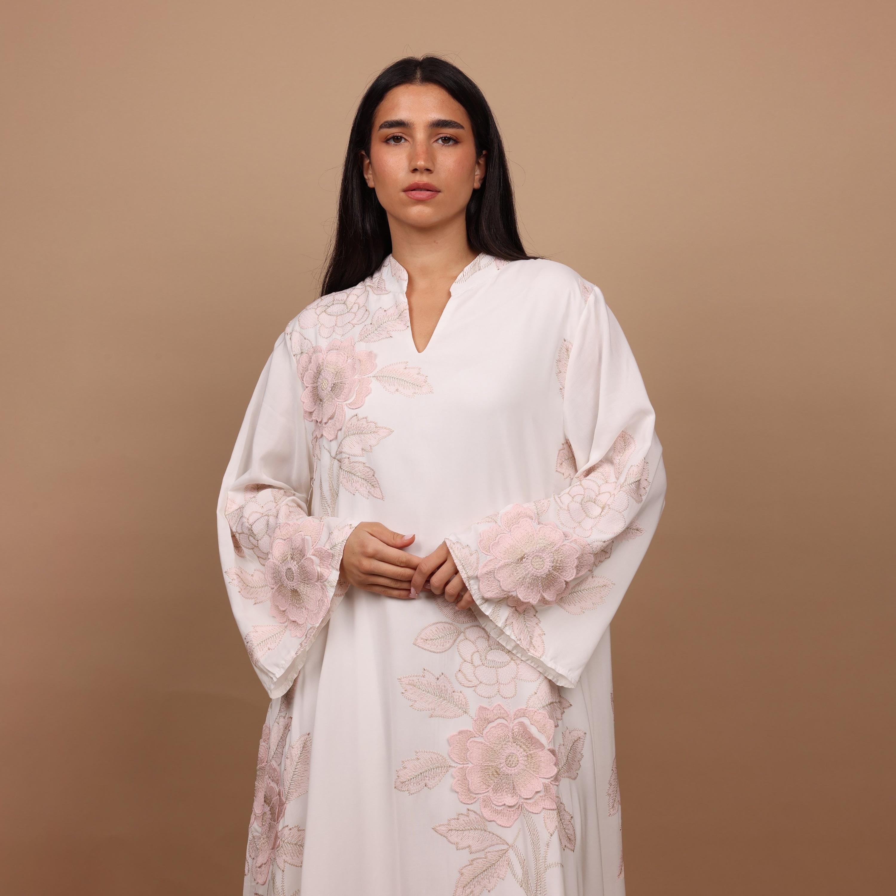IKKXA Mandarin Collar Flared Sleeves Floral Embroidered Women's Jalabiya-women-clothing-dresses-image-2
