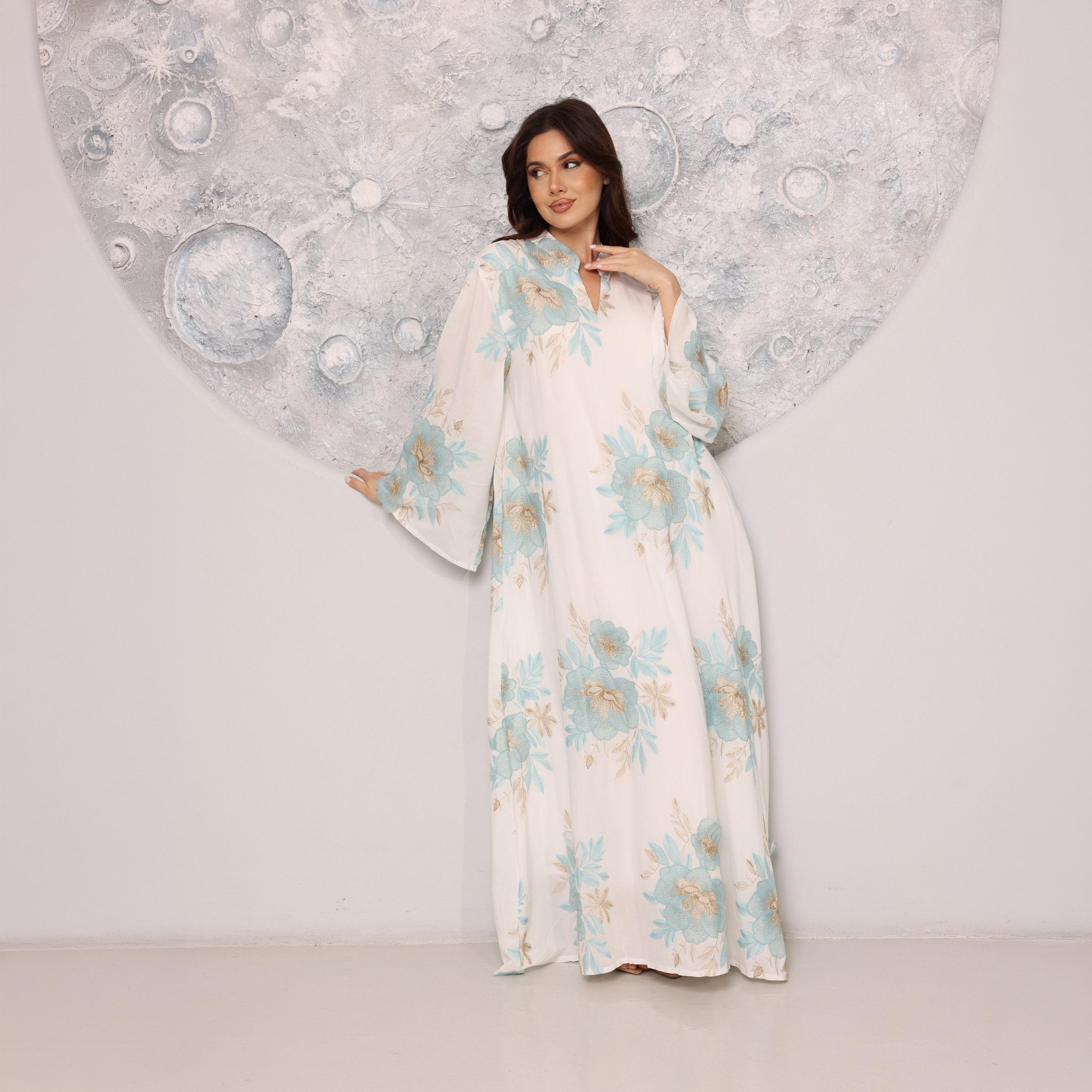 IKKXA Mandarin Collar Flared Sleeves Floral Embroidered Women's Jalabiya-women-arabicclothing-jalabiyas-image-5