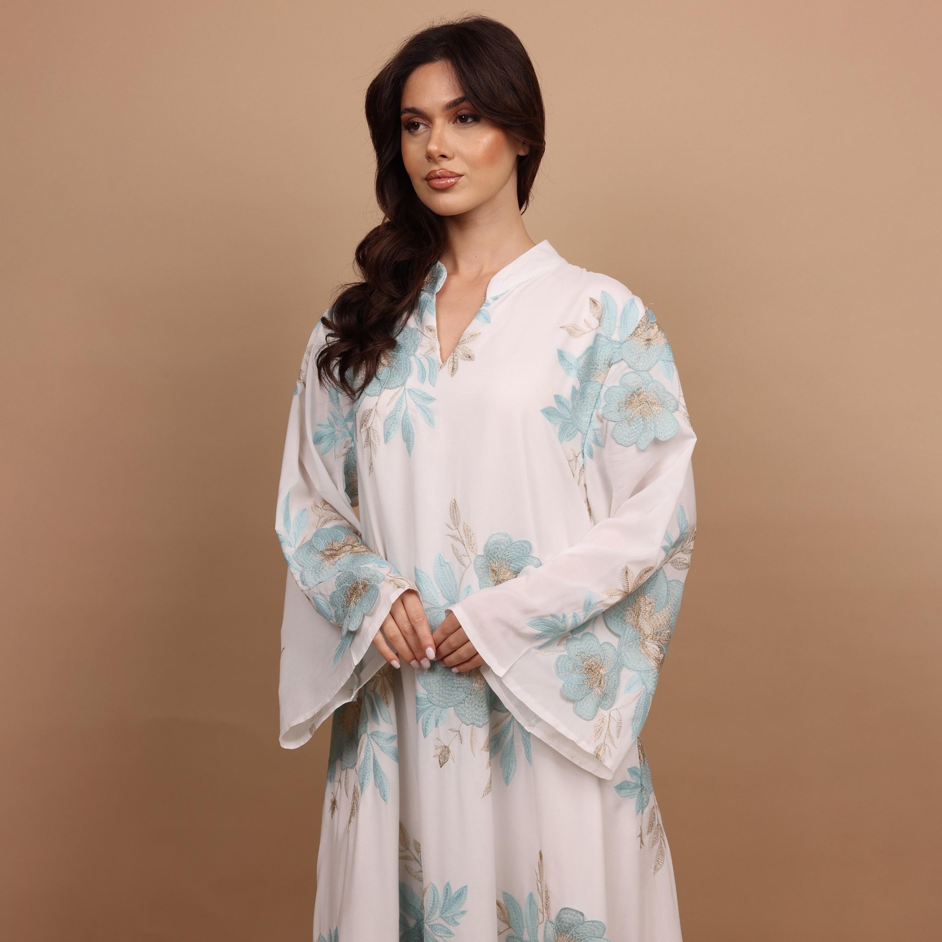 IKKXA Mandarin Collar Flared Sleeves Floral Embroidered Women's Jalabiya-women-arabicclothing-jalabiyas-image-6