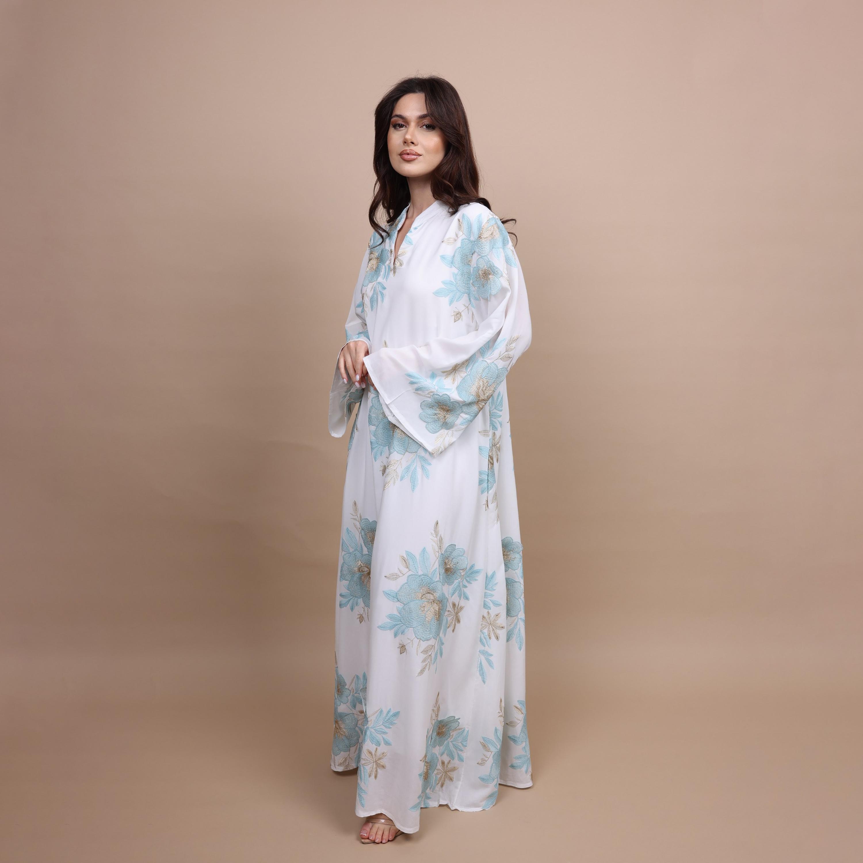 IKKXA Mandarin Collar Flared Sleeves Floral Embroidered Women's Jalabiya-women-arabicclothing-jalabiyas-image-7