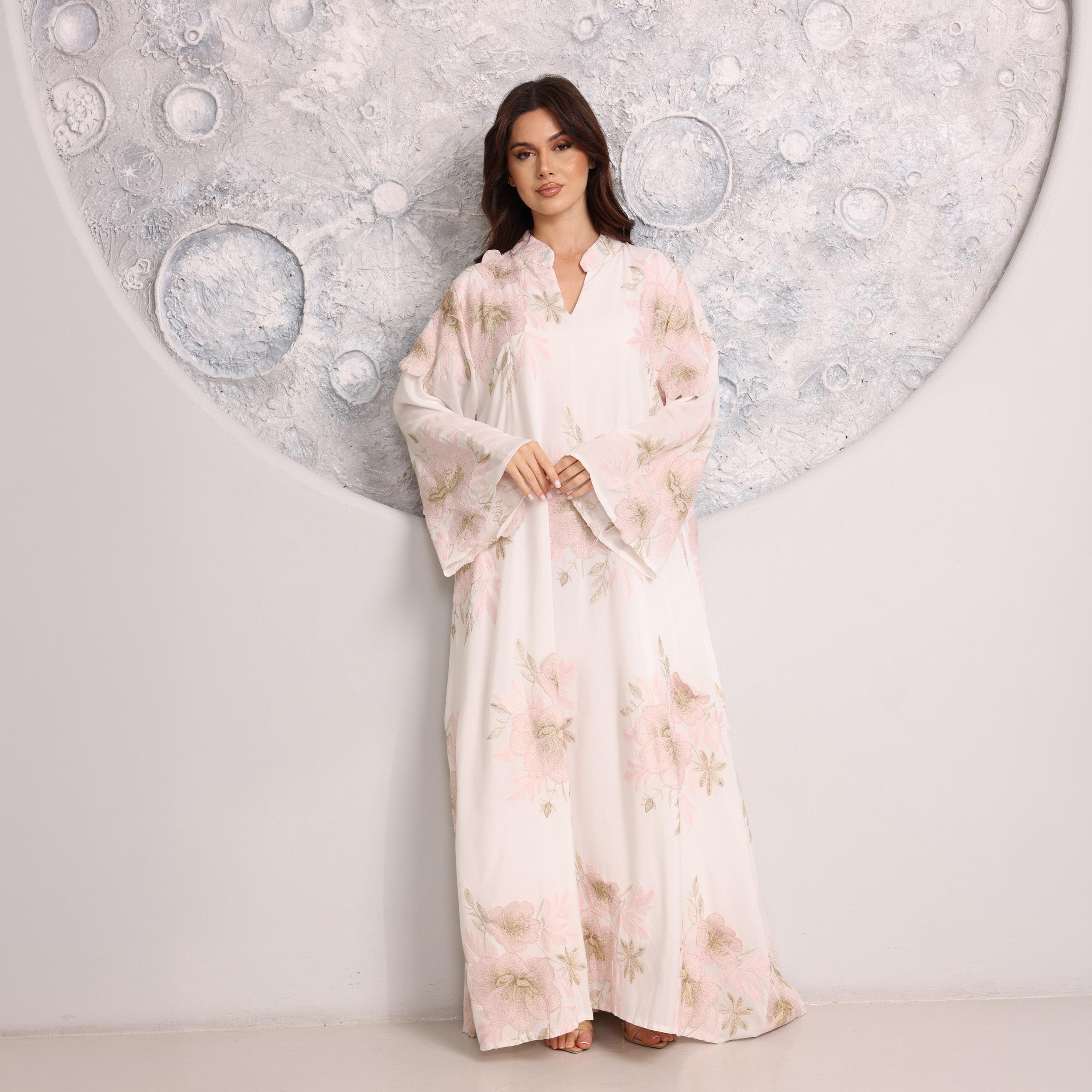 IKKXA Mandarin Collar Flared Sleeves Floral Embroidered Women's Jalabiya-women-arabicclothing-jalabiyas-image-9