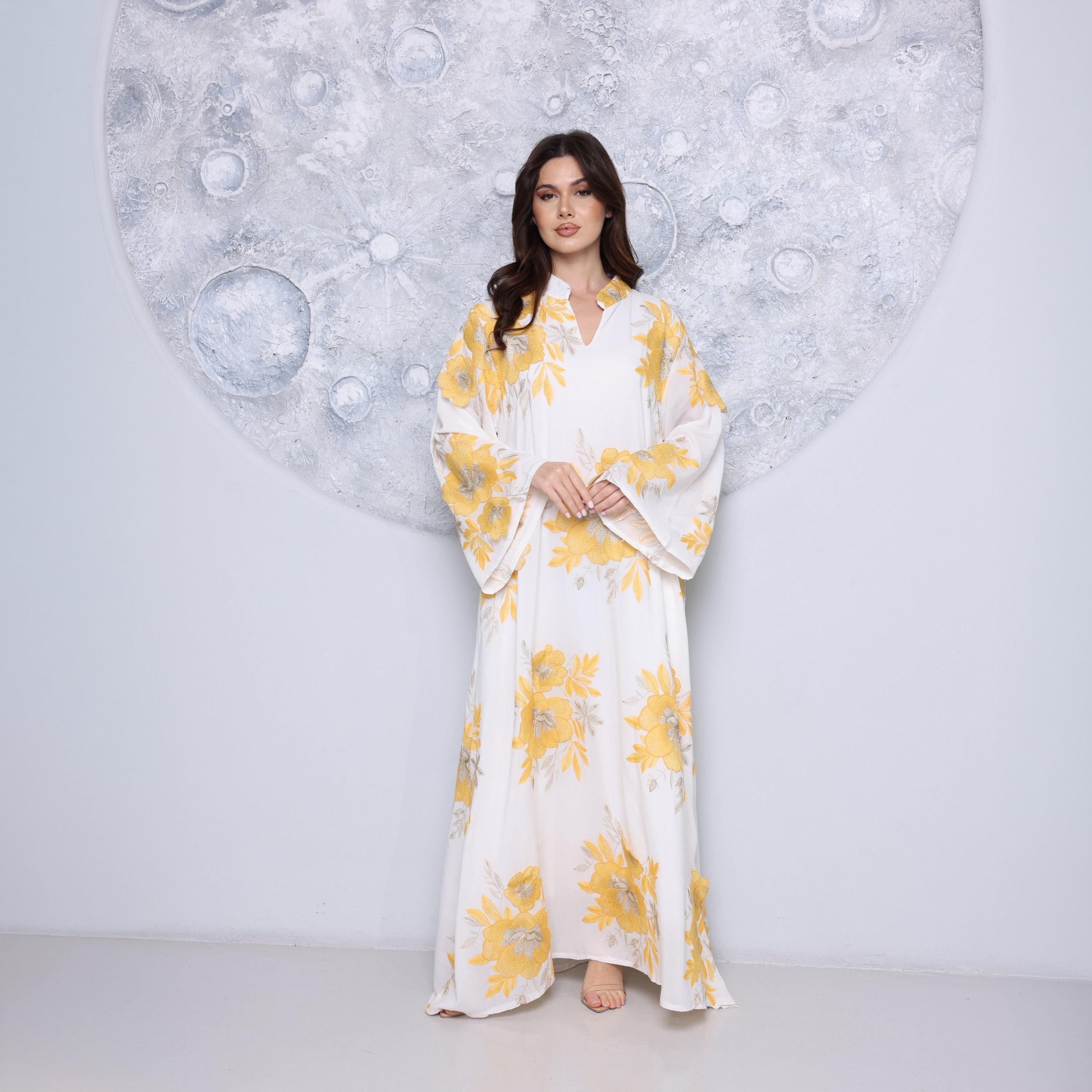IKKXA Mandarin Collar Flared Sleeves Floral Embroidered Women's Jalabiya-women-arabicclothing-jalabiyas-image-1