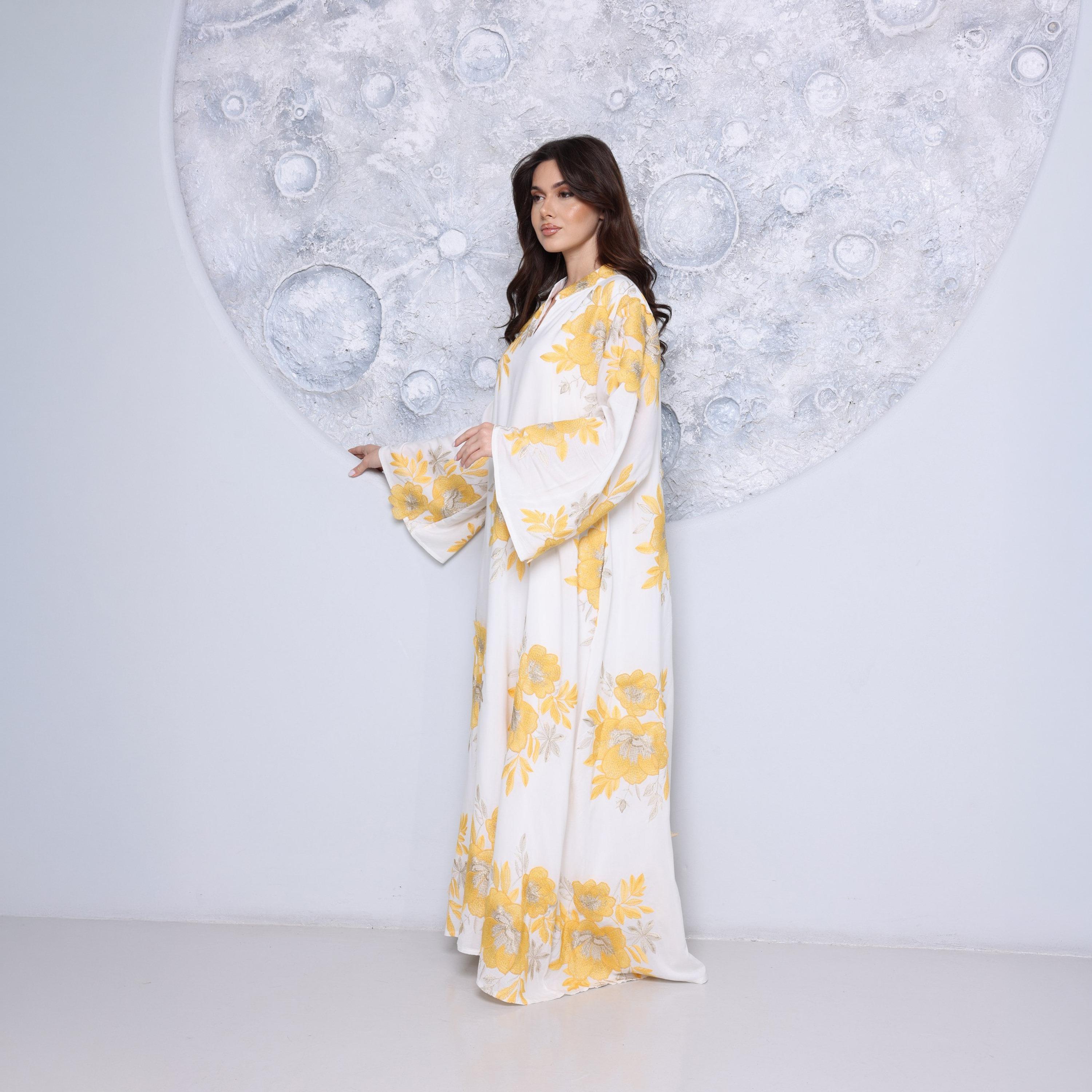 IKKXA Mandarin Collar Flared Sleeves Floral Embroidered Women's Jalabiya-women-arabicclothing-jalabiyas-image-3