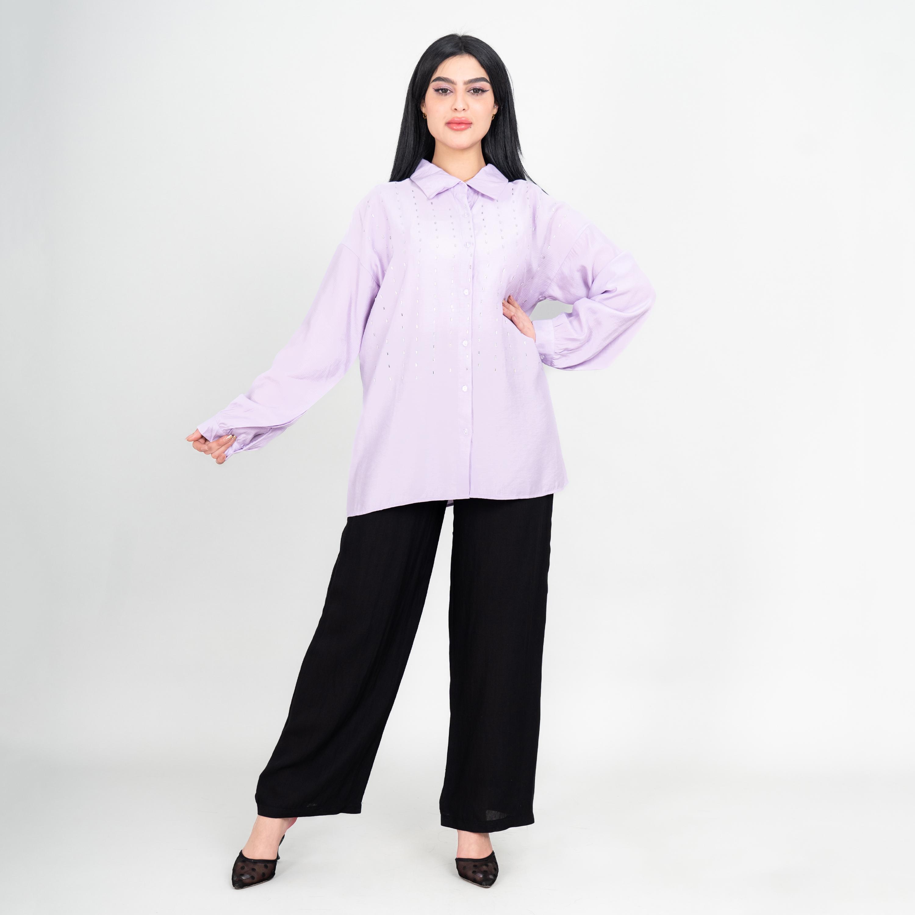 طقم قميص وبنطلون نسائي بياقة ومزين بأكمام منسدلة من إيككسا-women-clothing-coordsets-image-1