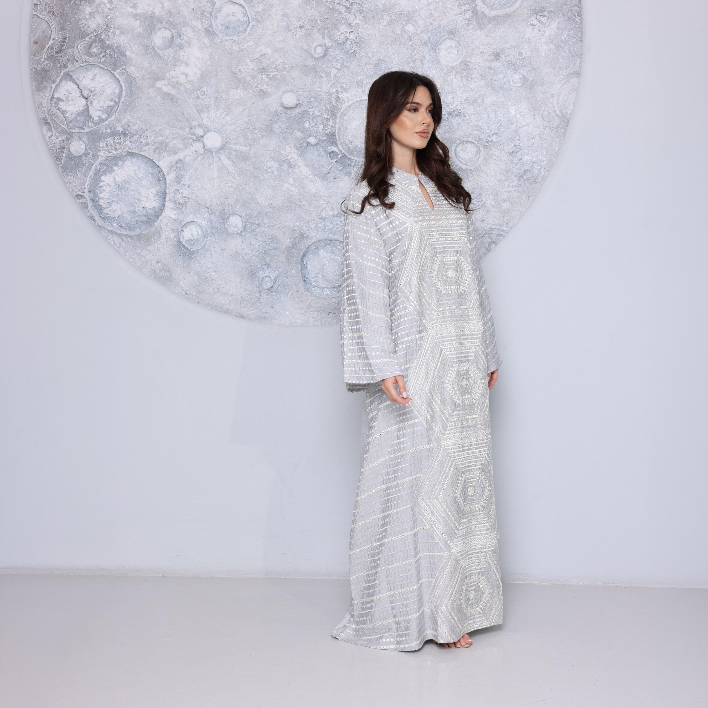 IKKXA Mandarin Collar Flared Sleeves All Over Embroidered Women's Jalabiya-women-arabicclothing-jalabiyas-image-3
