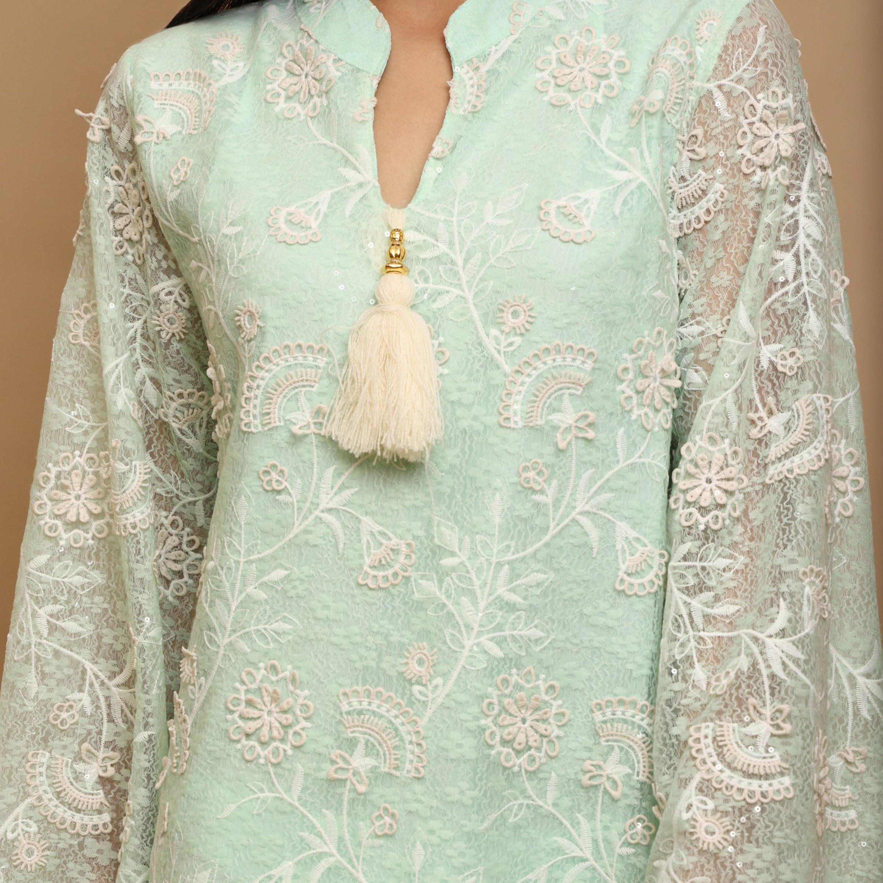 جلابية سهرة نسائية بياقة ماندارين وتطريز زهور وأكمام واسعة (كلوش) من إكسا-women-arabicclothing-jalabiyas-image-7