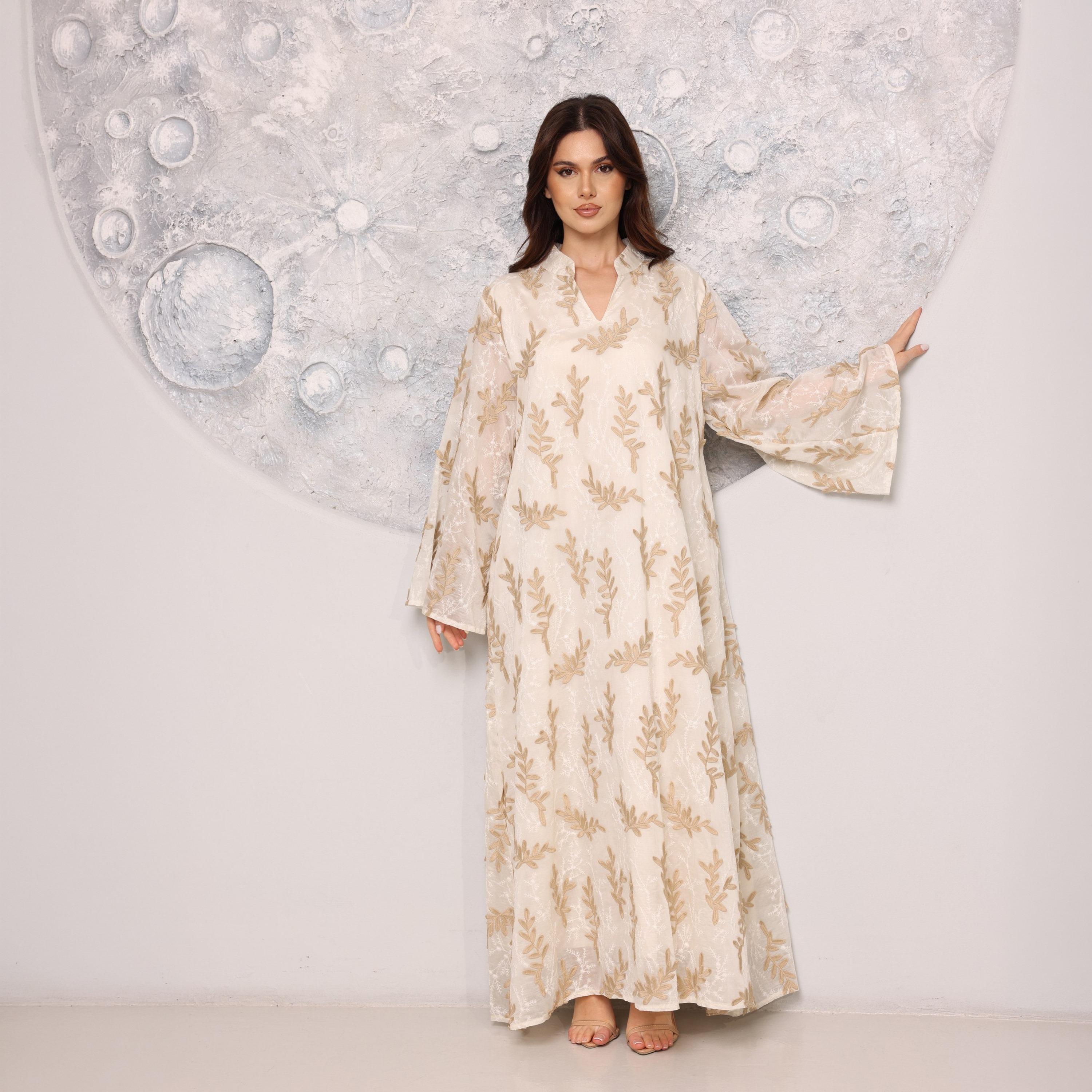IKKXA Split V-Neck Wide Sleeves Botanical Embroidered Women's Jalabiya-women-arabicclothing-jalabiyas-image-5
