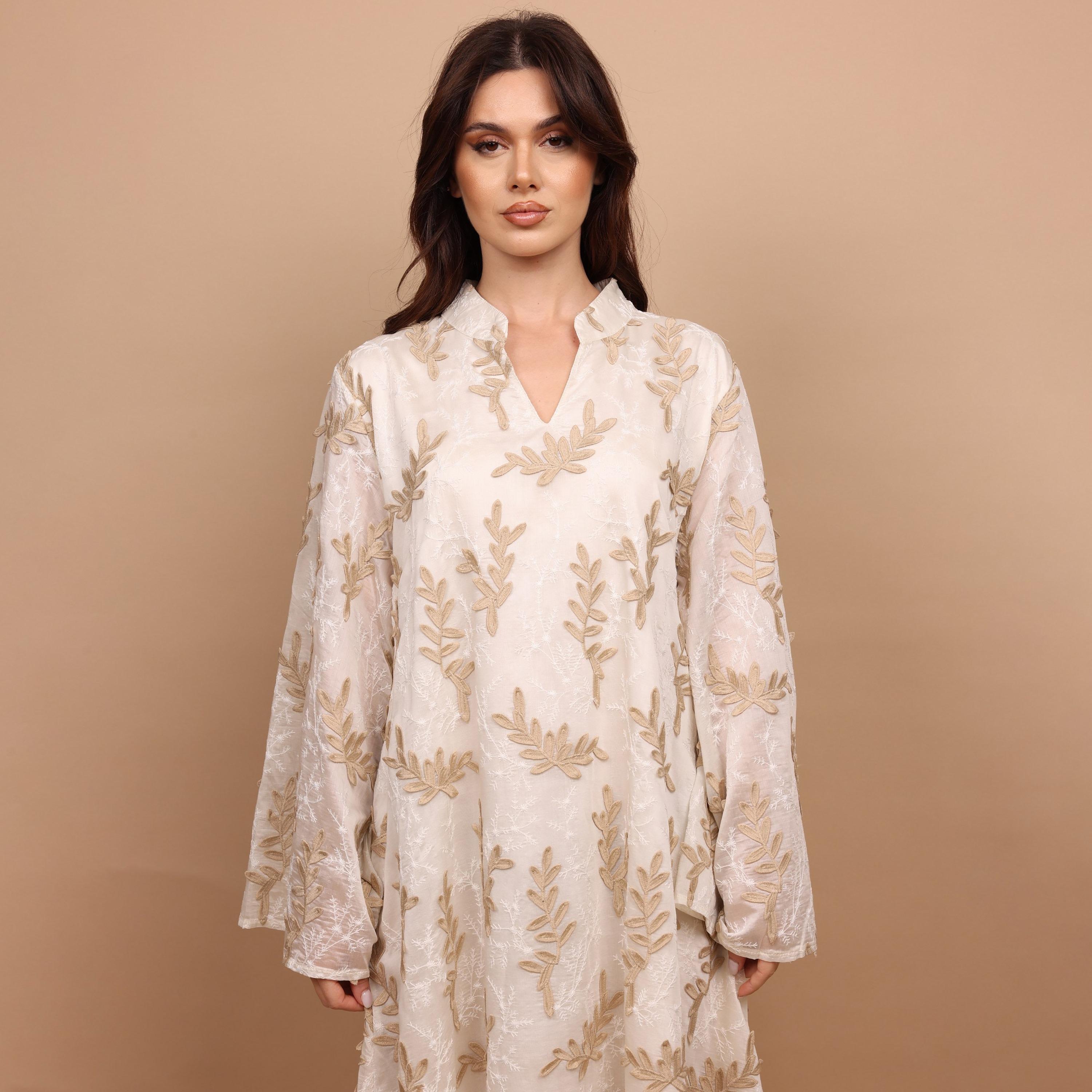 IKKXA Split V-Neck Wide Sleeves Botanical Embroidered Women's Jalabiya-women-arabicclothing-jalabiyas-image-6