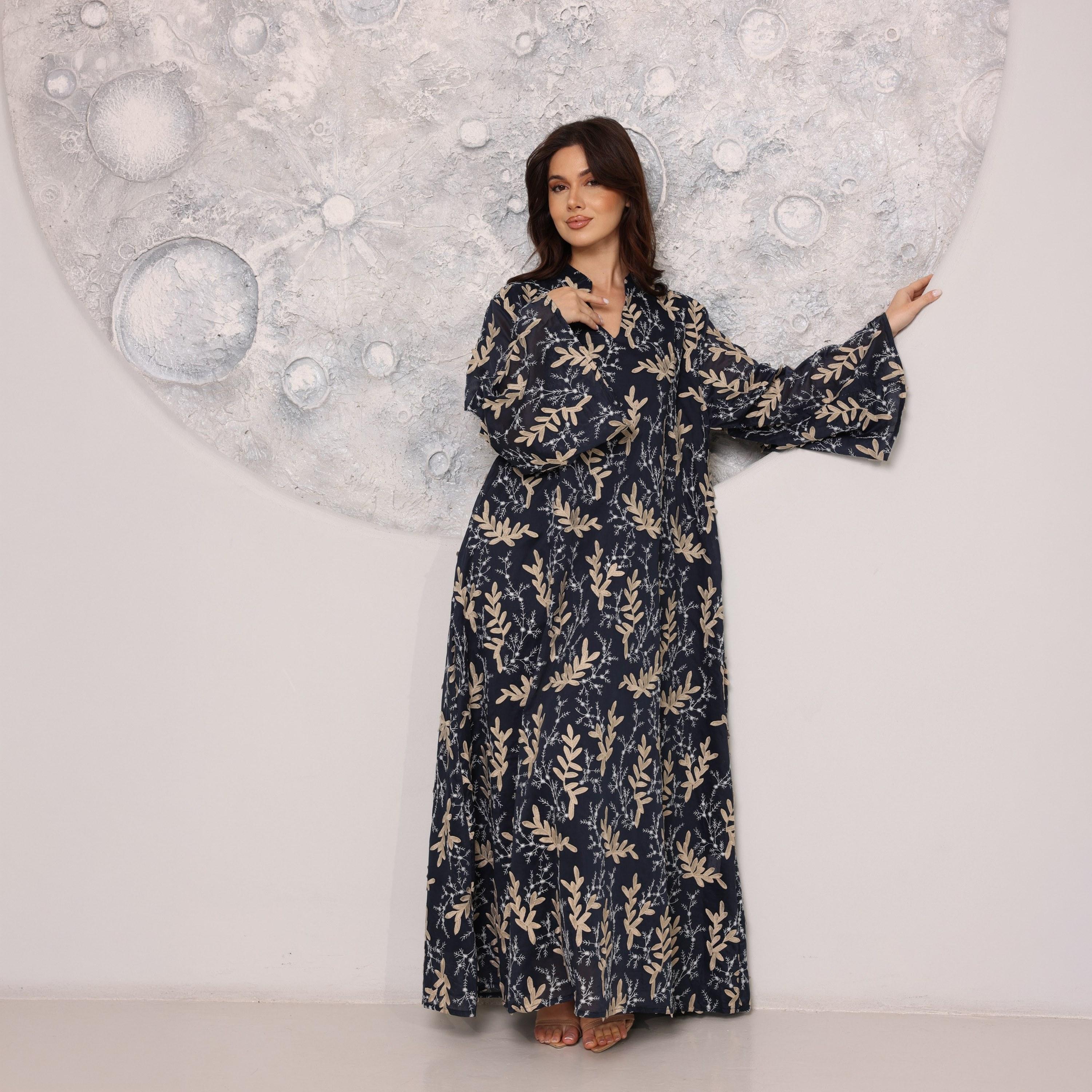 IKKXA Split V-Neck Wide Sleeves Botanical Embroidered Women's Jalabiya-women-arabicclothing-jalabiyas-image-1