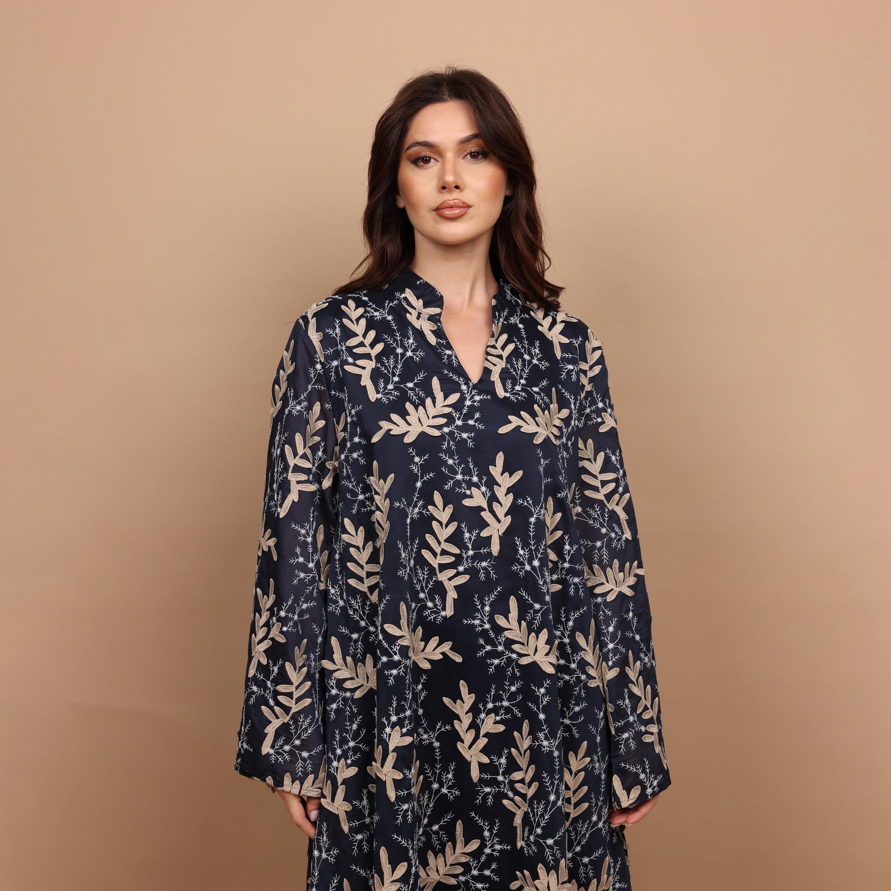 IKKXA Split V-Neck Wide Sleeves Botanical Embroidered Women's Jalabiya-women-arabicclothing-jalabiyas-image-2