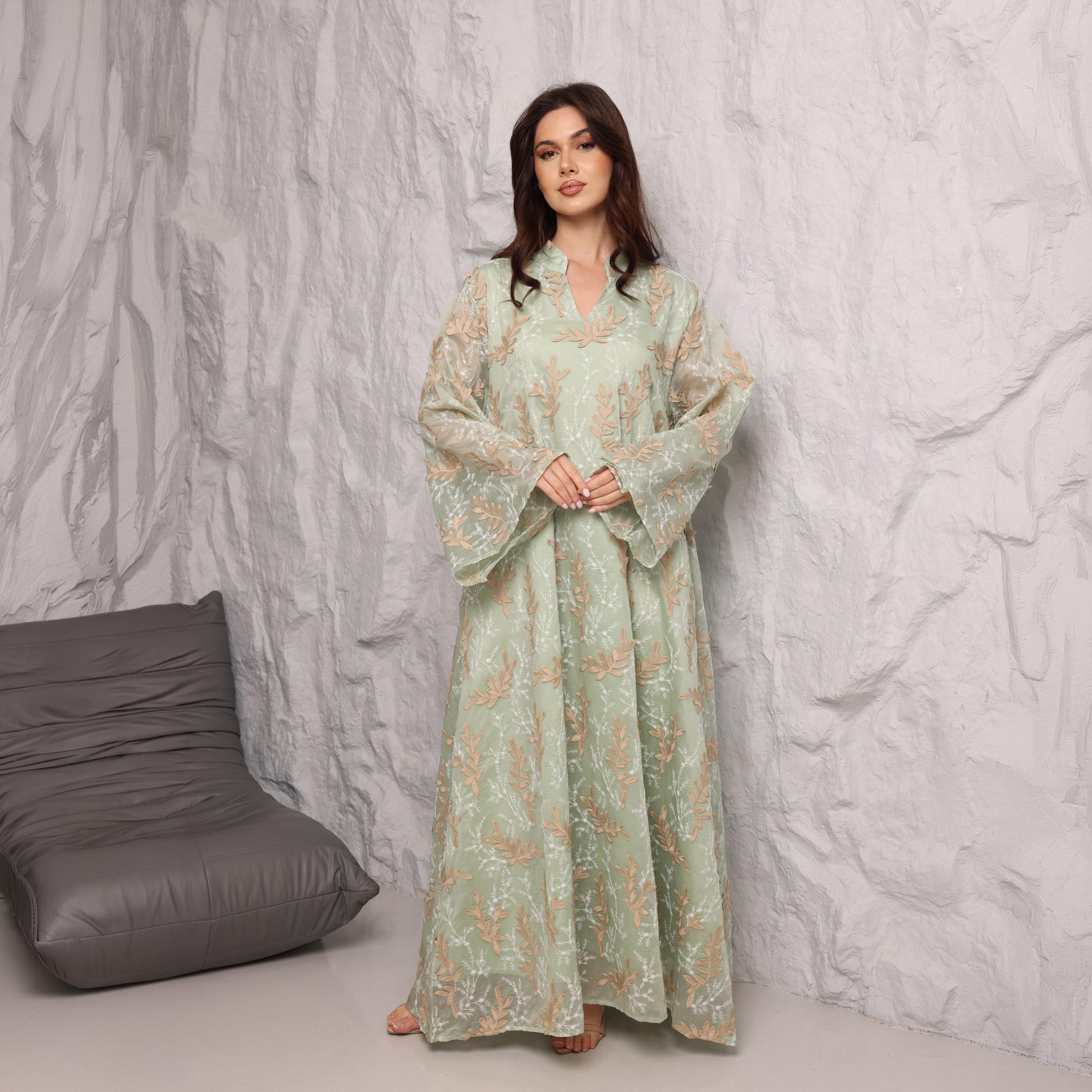 IKKXA Split V-Neck Wide Sleeves Botanical Embroidered Women's Jalabiya-women-arabicclothing-jalabiyas-image-9